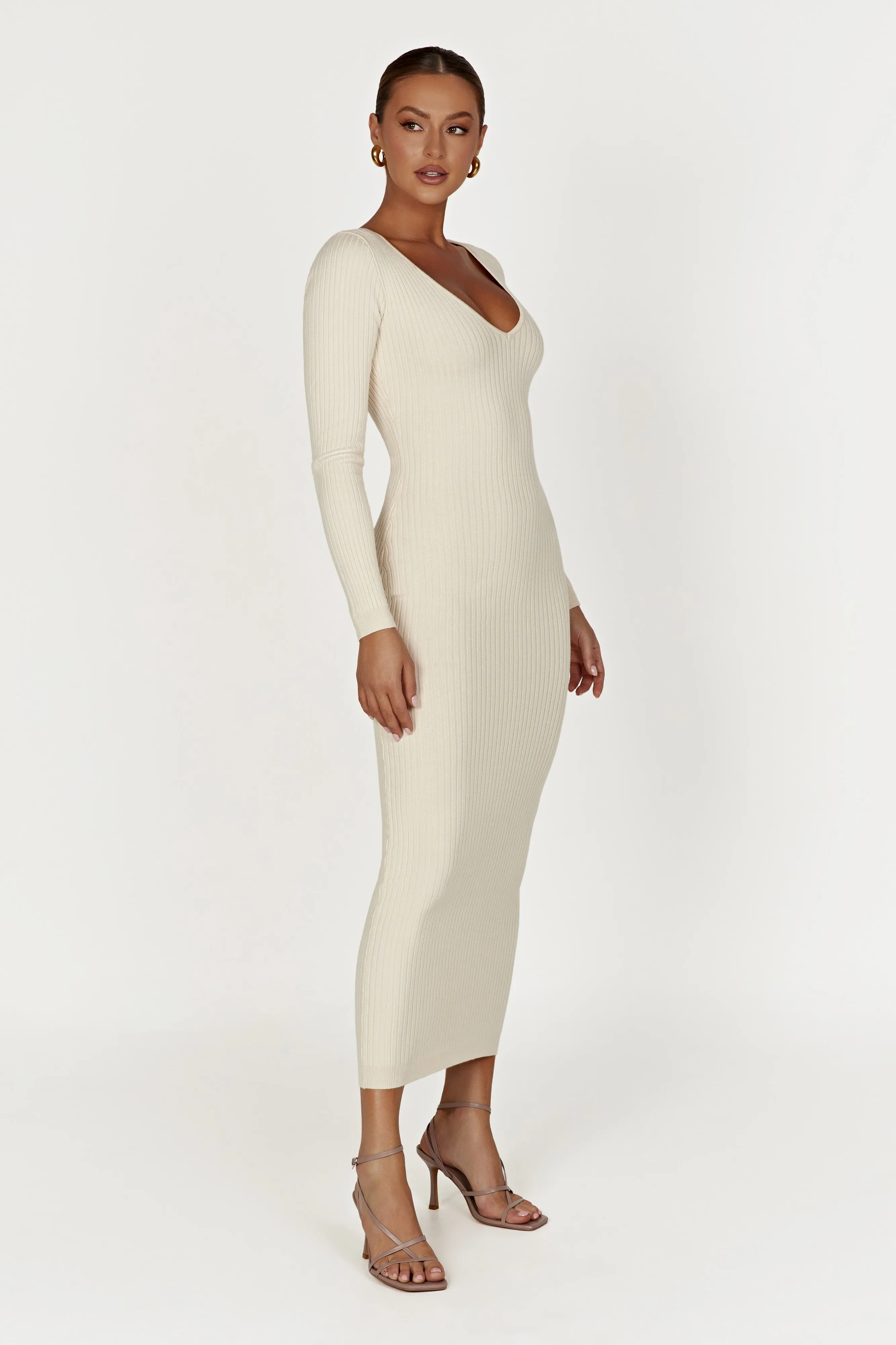 Nina Long Sleeve Knit Midi Dress - Cream sold by Meshki product image thumbnail 4