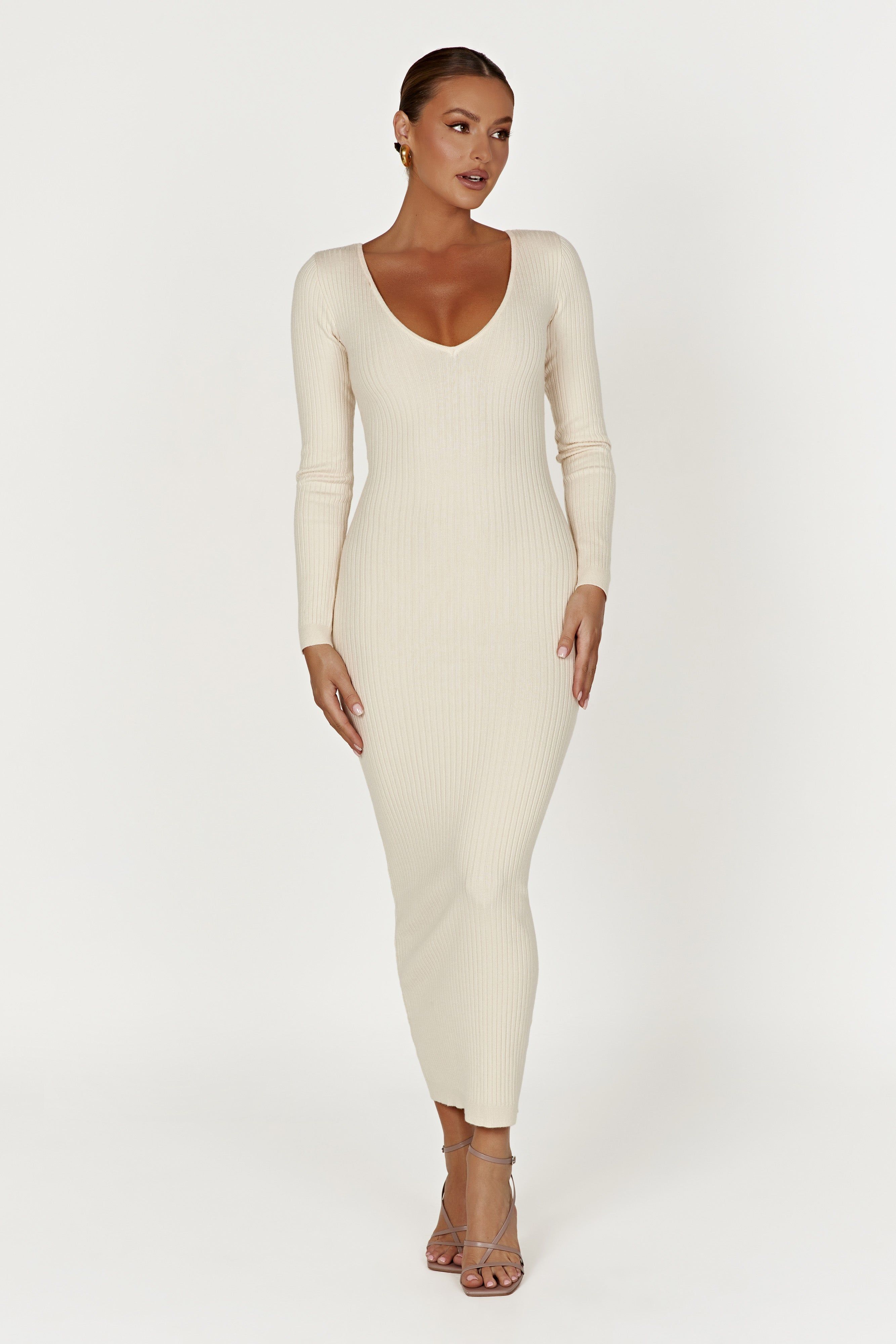 Nina Long Sleeve Knit Midi Dress - Cream sold by Meshki product image thumbnail 7