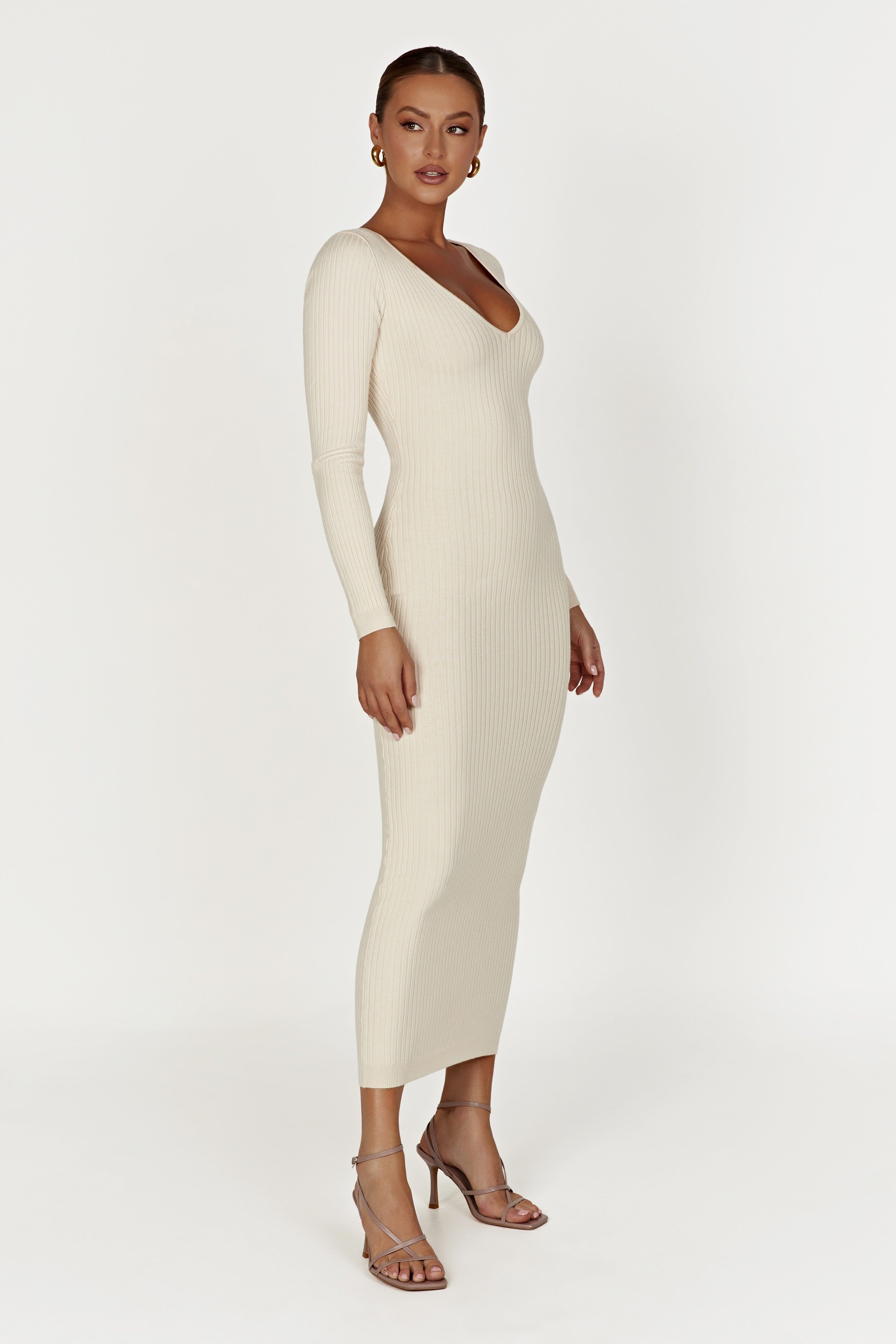 Nina Long Sleeve Knit Midi Dress - Cream sold by Meshki product image thumbnail 4