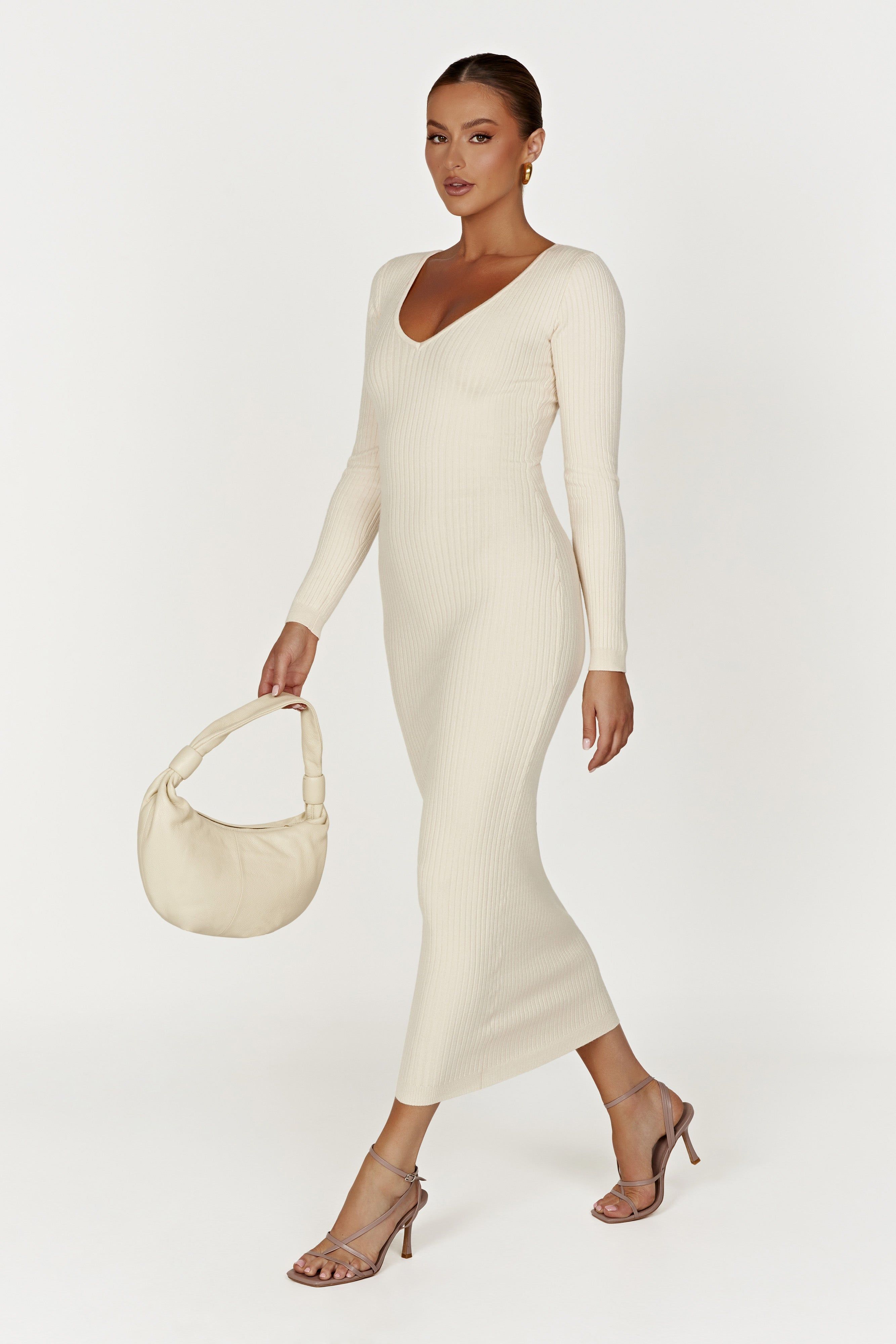 Nina Long Sleeve Knit Midi Dress - Cream sold by Meshki