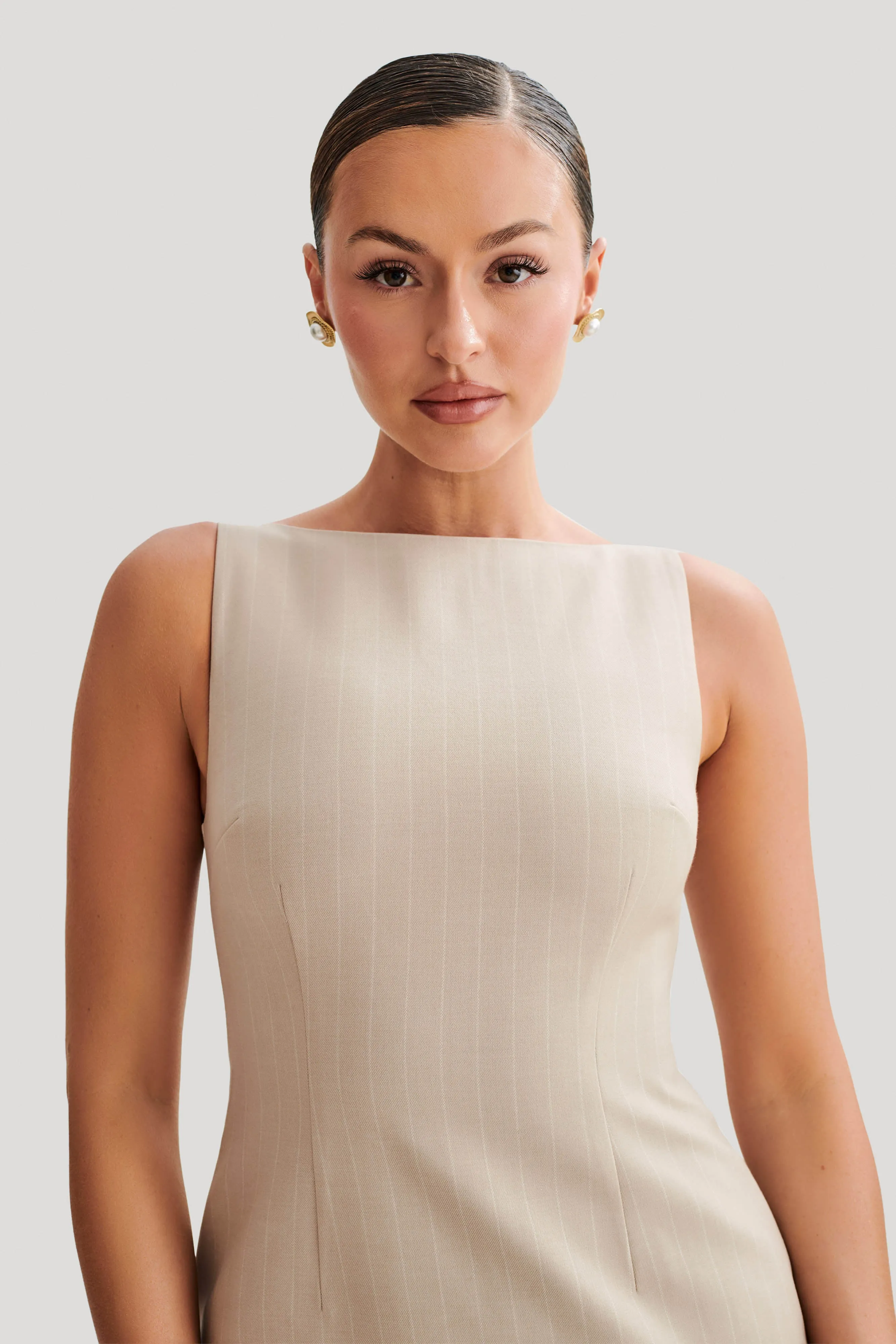 Angela Suiting Mini Dress - Taupe Pinstripe sold by Meshki product image thumbnail 3