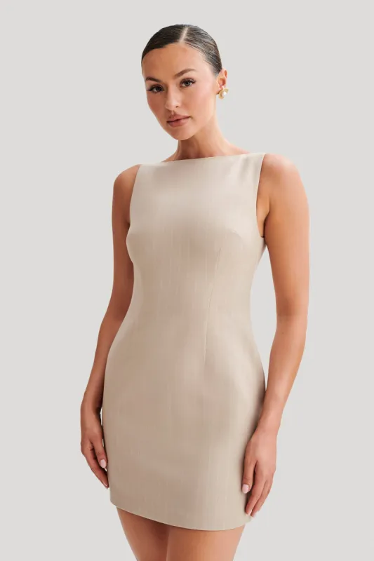 Angela Suiting Mini Dress - Taupe Pinstripe sold by Meshki