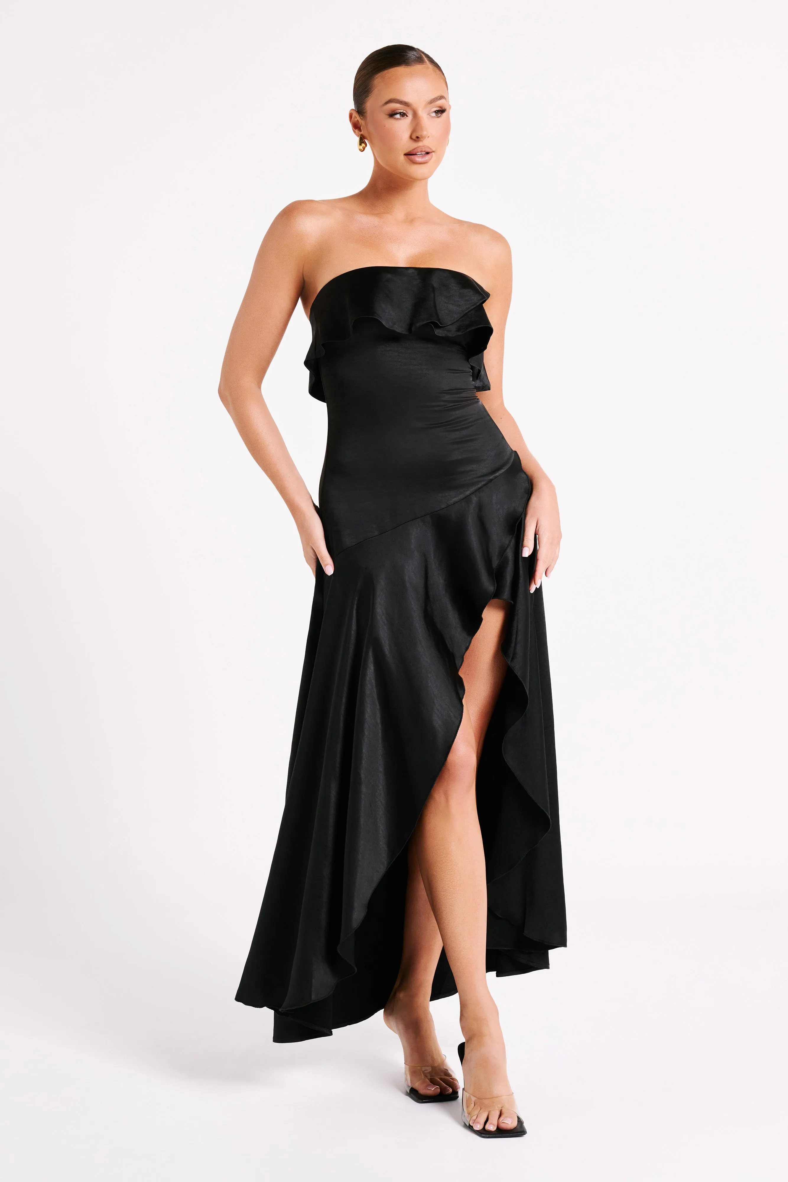Sulianna Strapless Ruffle Midi Dress - Black sold by Meshki