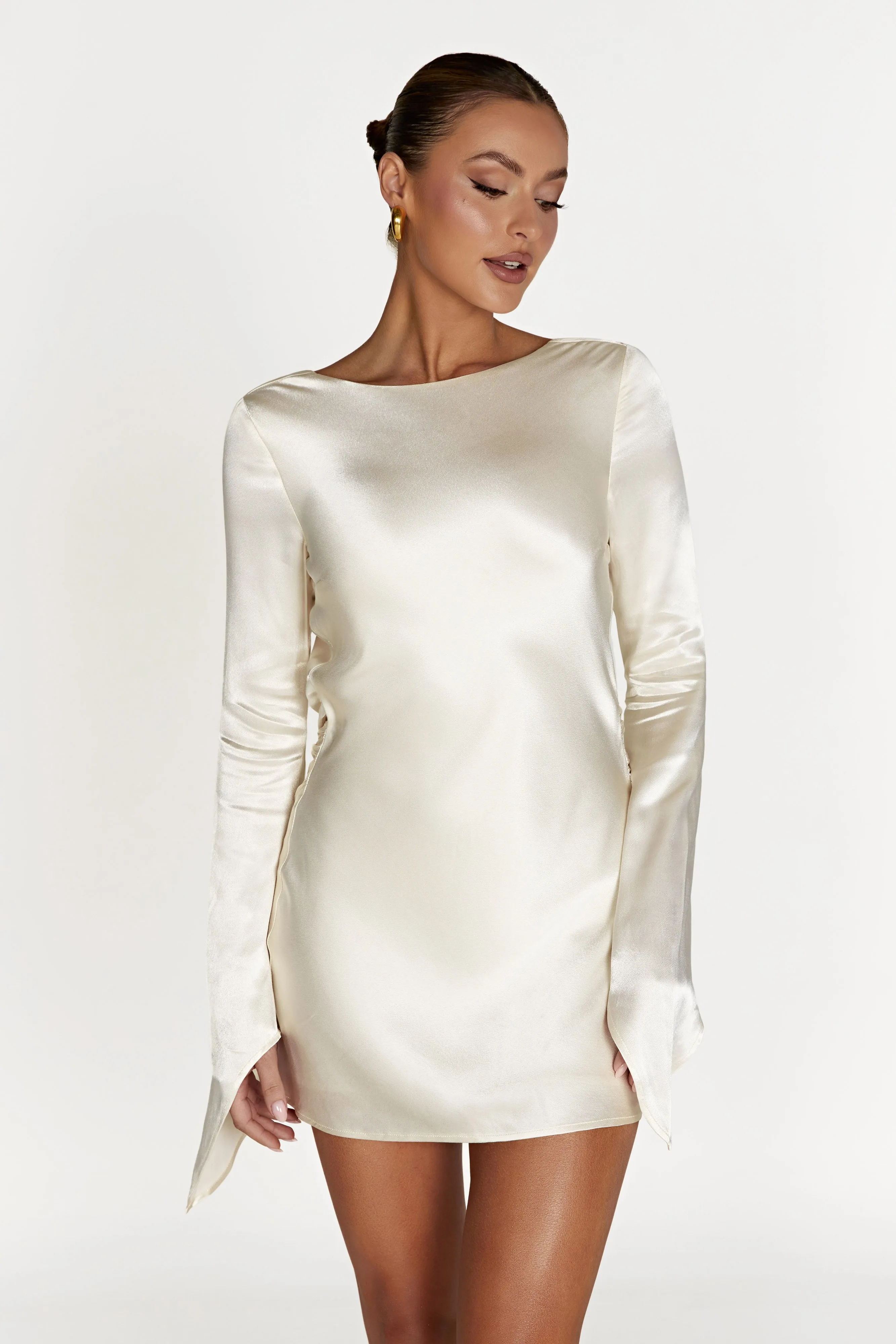 Davina Satin Long Sleeve Mini Dress - Ivory sold by Meshki product image thumbnail 4
