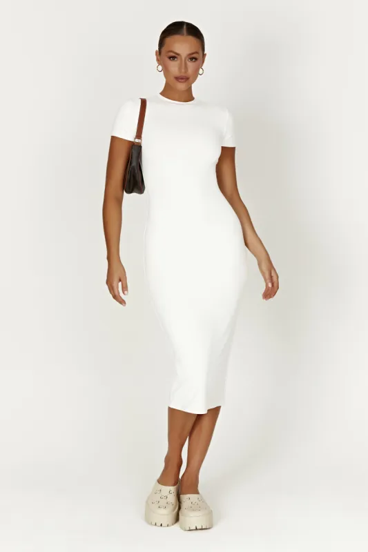 Penny Recycled Nylon Short Sleeve Midi Dress - White sold by Meshki