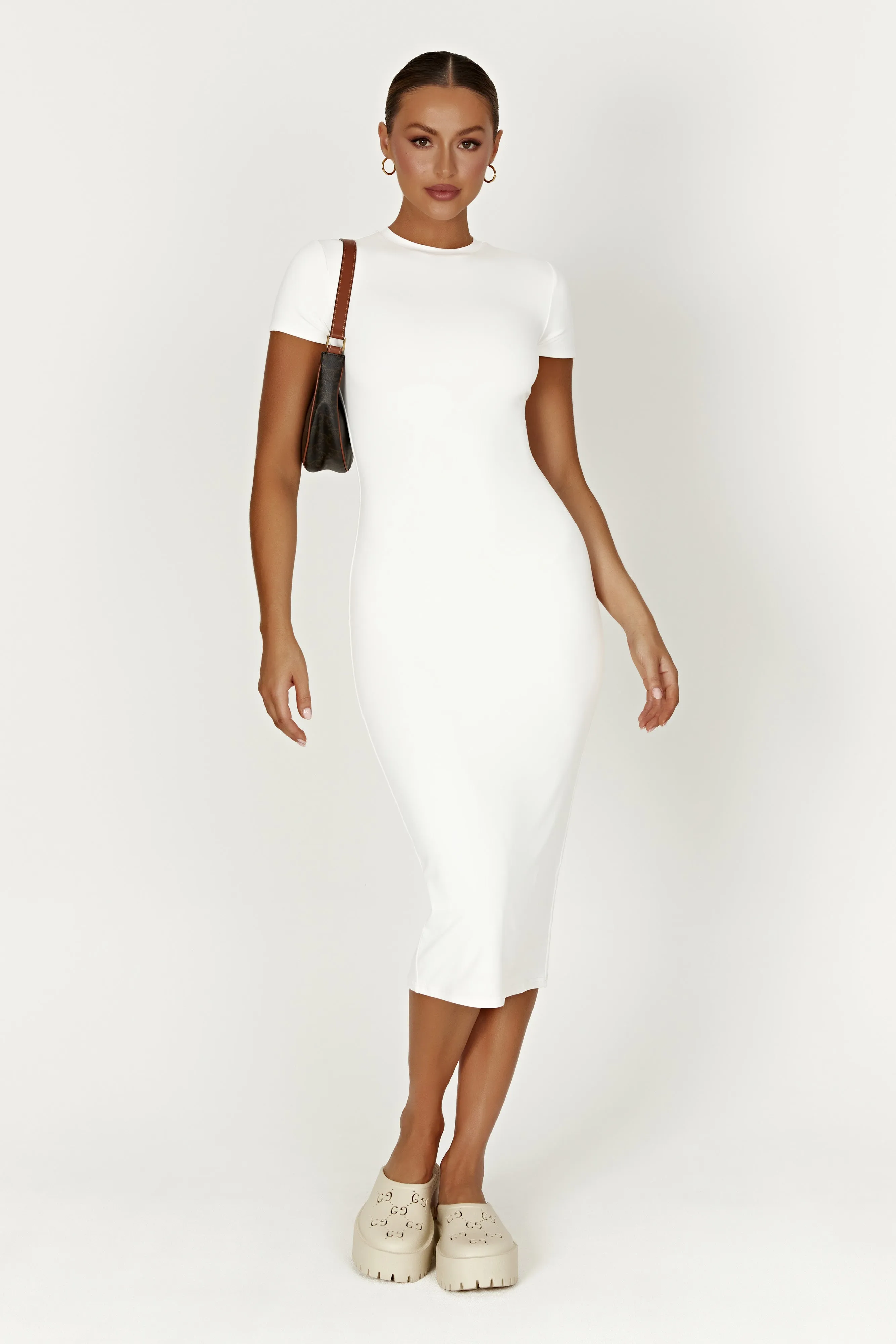Penny Recycled Nylon Short Sleeve Midi Dress - White sold by Meshki