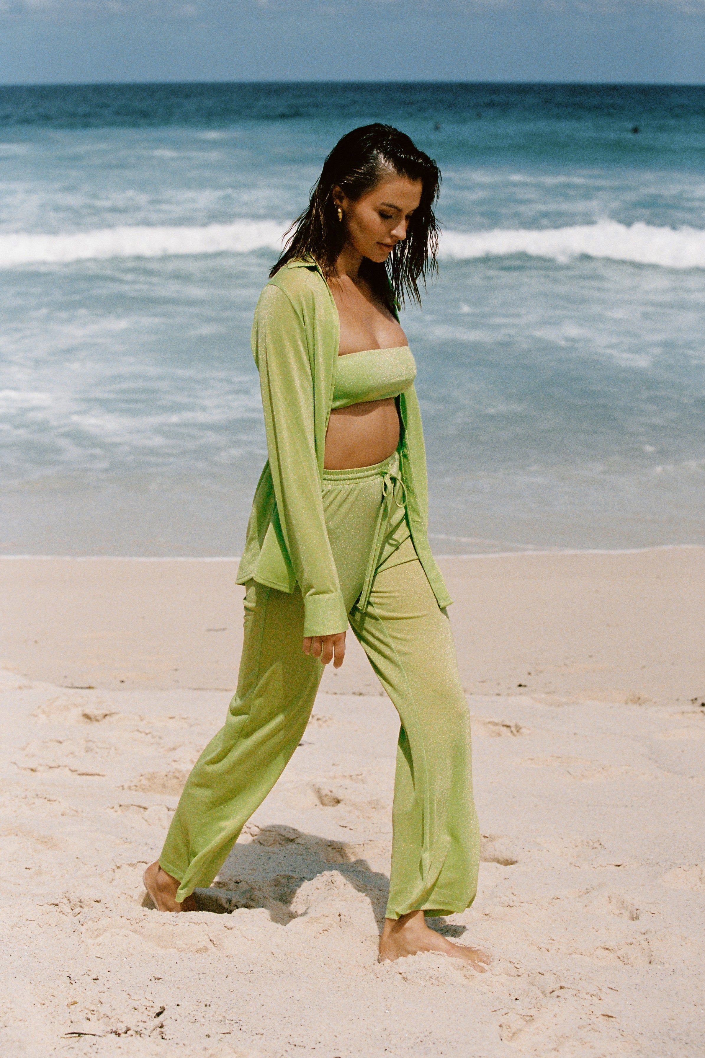 Lucille Shimmer Swim Cover Up Pants - Lime Sparkle sold by Meshki