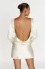 Davina Satin Long Sleeve Mini Dress - Ivory sold by Meshki