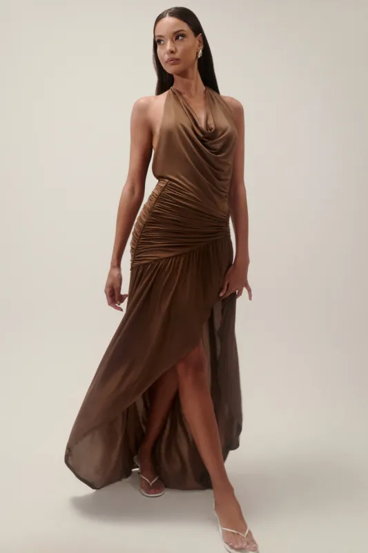Serenity Ruched Slinky Maxi Dress - Chocolate sold by Meshki