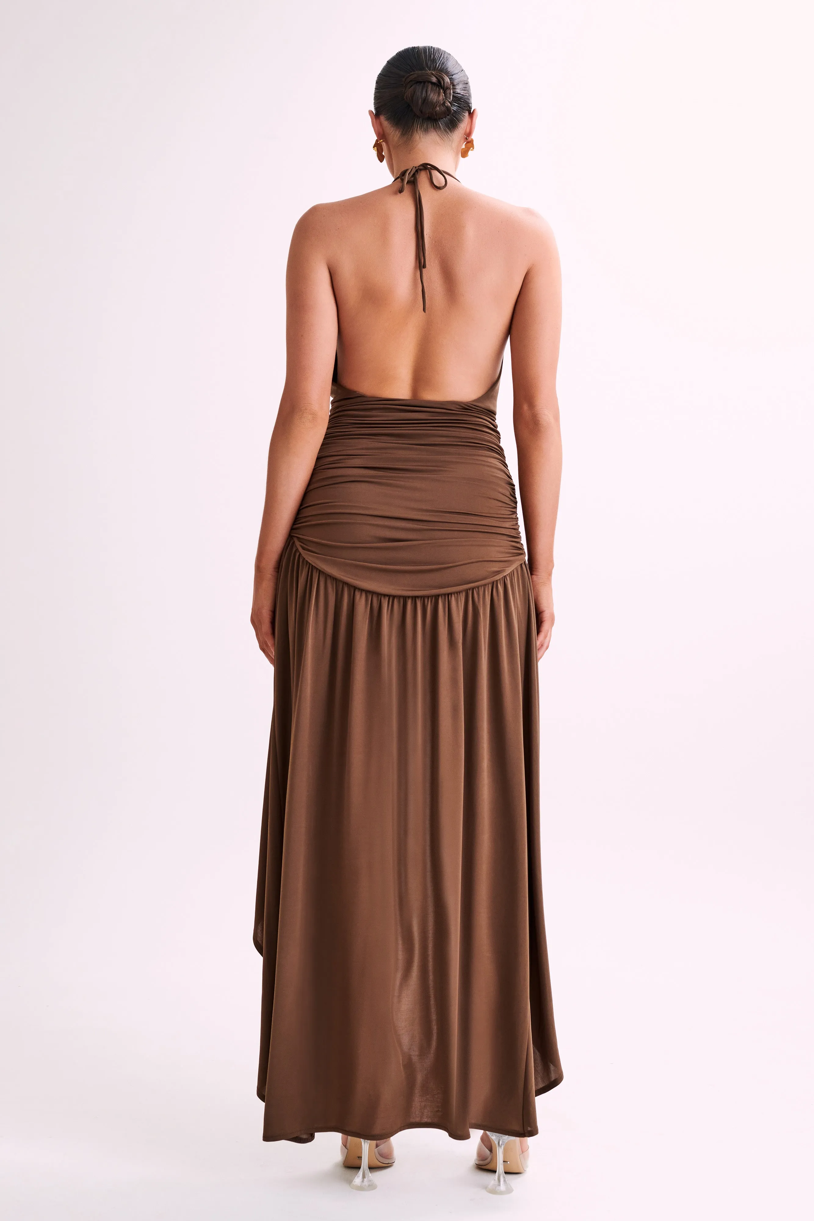 Serenity Ruched Slinky Maxi Dress - Chocolate sold by Meshki product image thumbnail 5