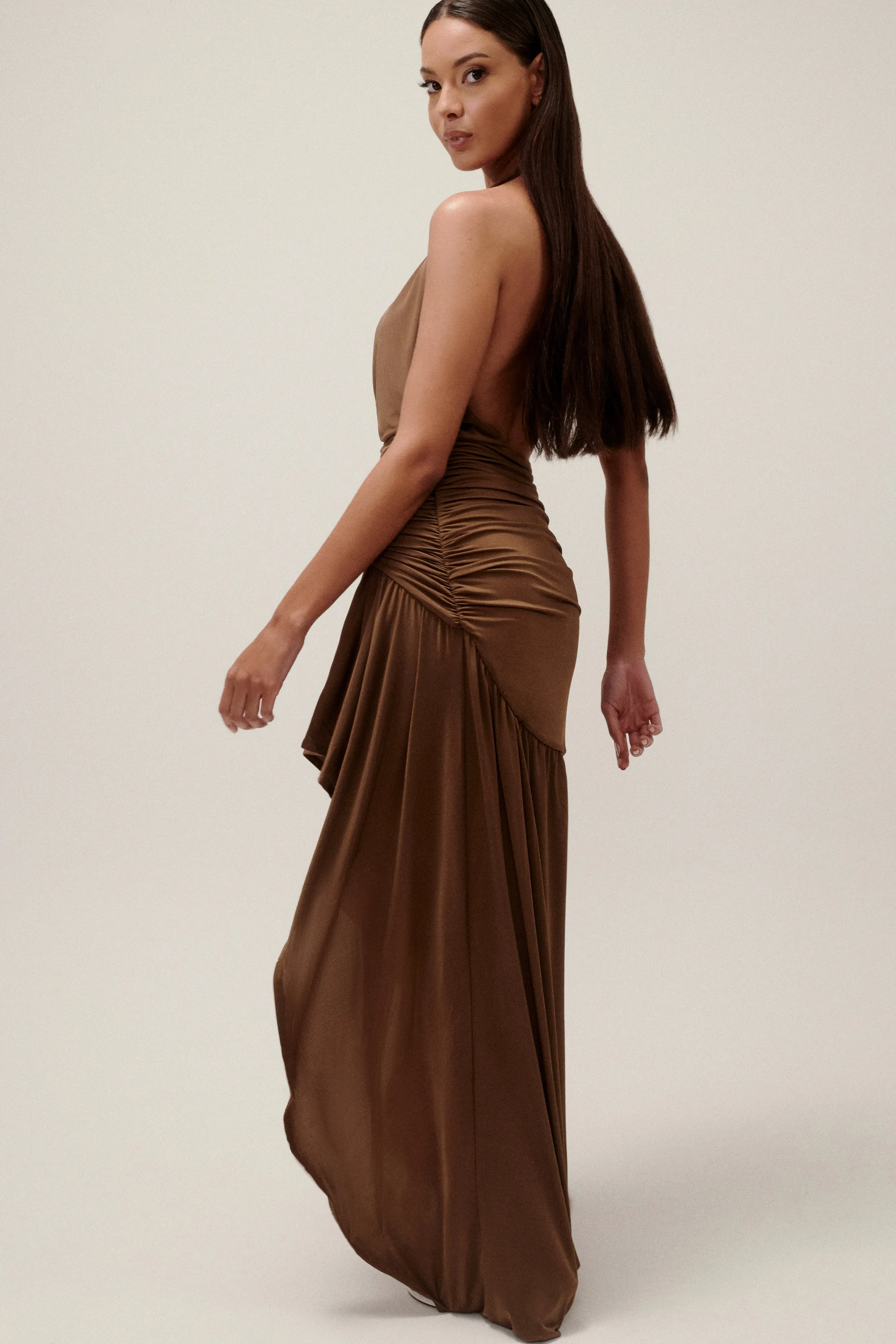 Serenity Ruched Slinky Maxi Dress - Chocolate sold by Meshki product image thumbnail 2