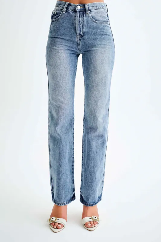 Janine High Waisted Straight Leg Jeans - Washed Mid Blue sold by Meshki