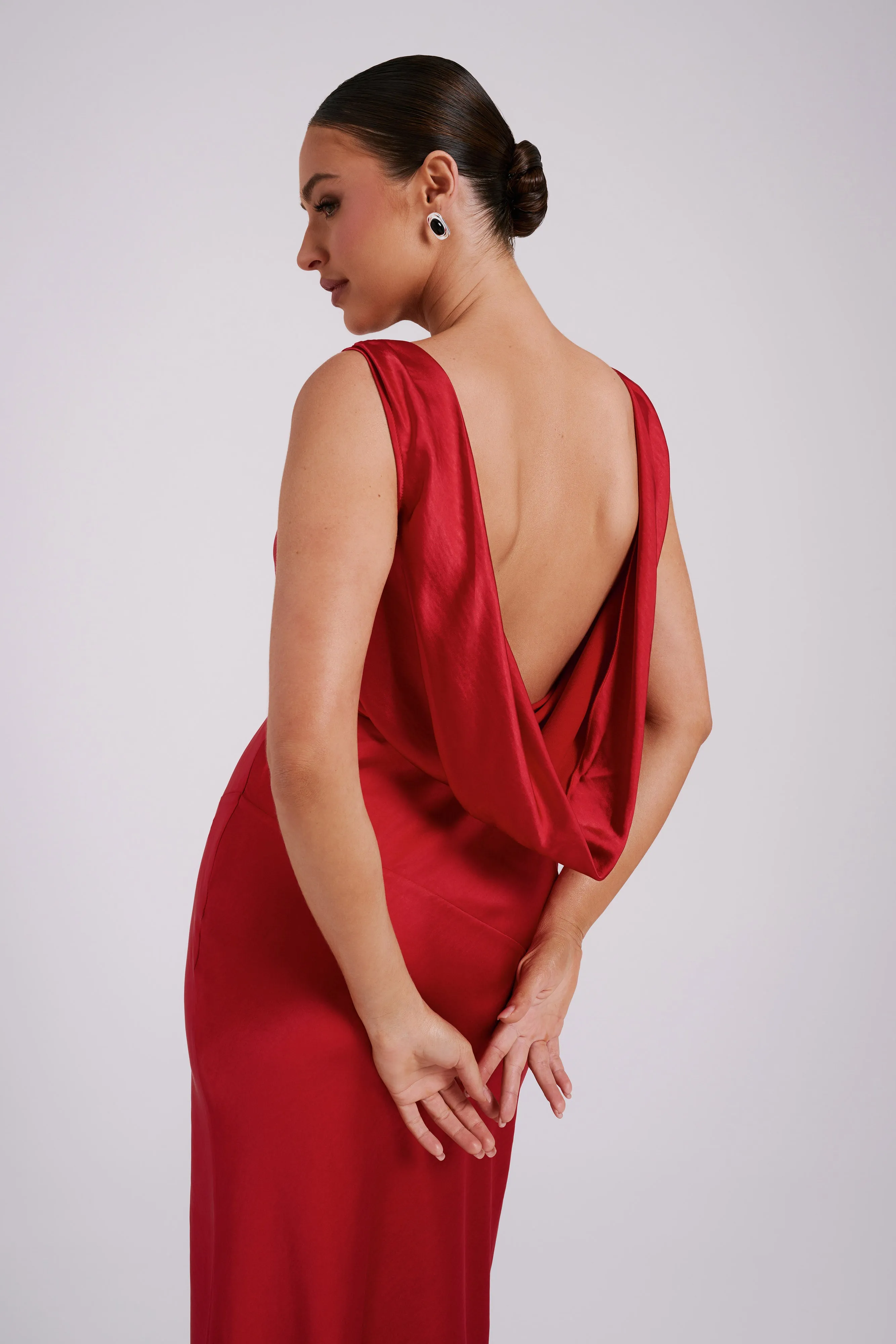 Nadia Maxi Satin Dress With Back Cowl - Red sold by Meshki product image thumbnail 3