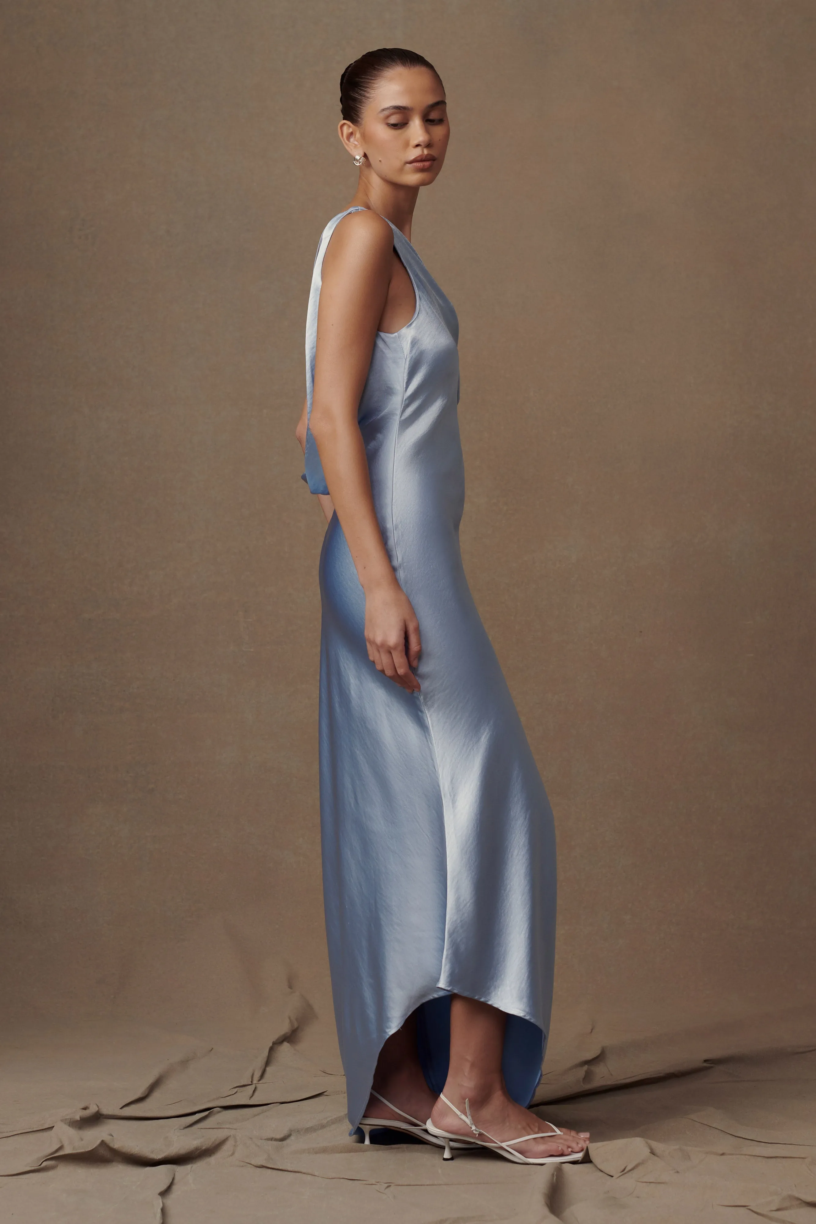 Yvette Slip Maxi Dress With Asymmetrical Hem - Cornflower Blue sold by Meshki product image thumbnail 4