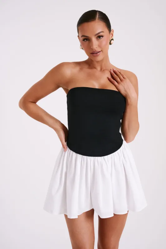 Hannah Knit And Linen Mini Dress - Black/White sold by Meshki