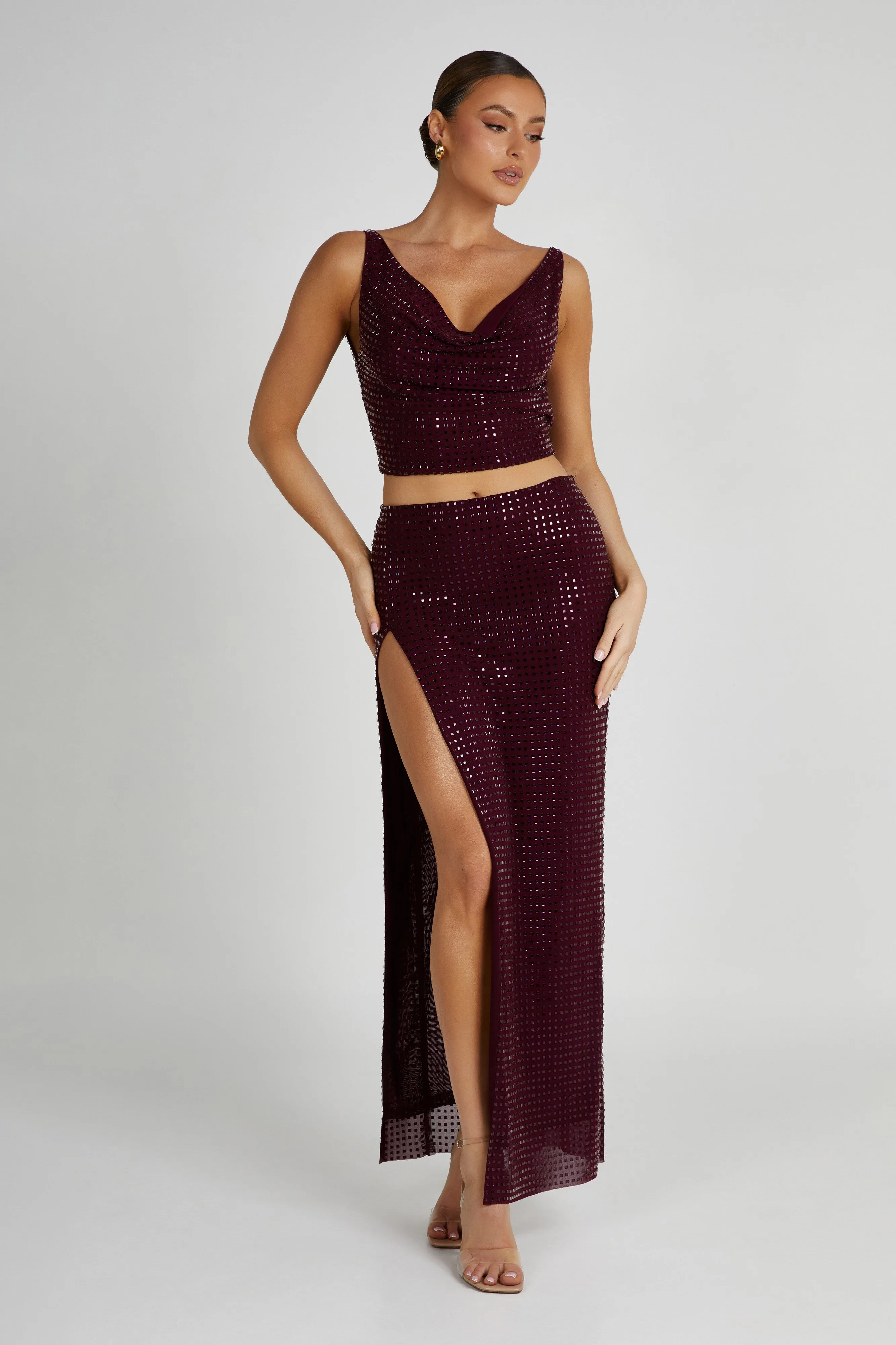 Ellery Square Diamante Maxi Skirt - Berry sold by Meshki product image thumbnail 4