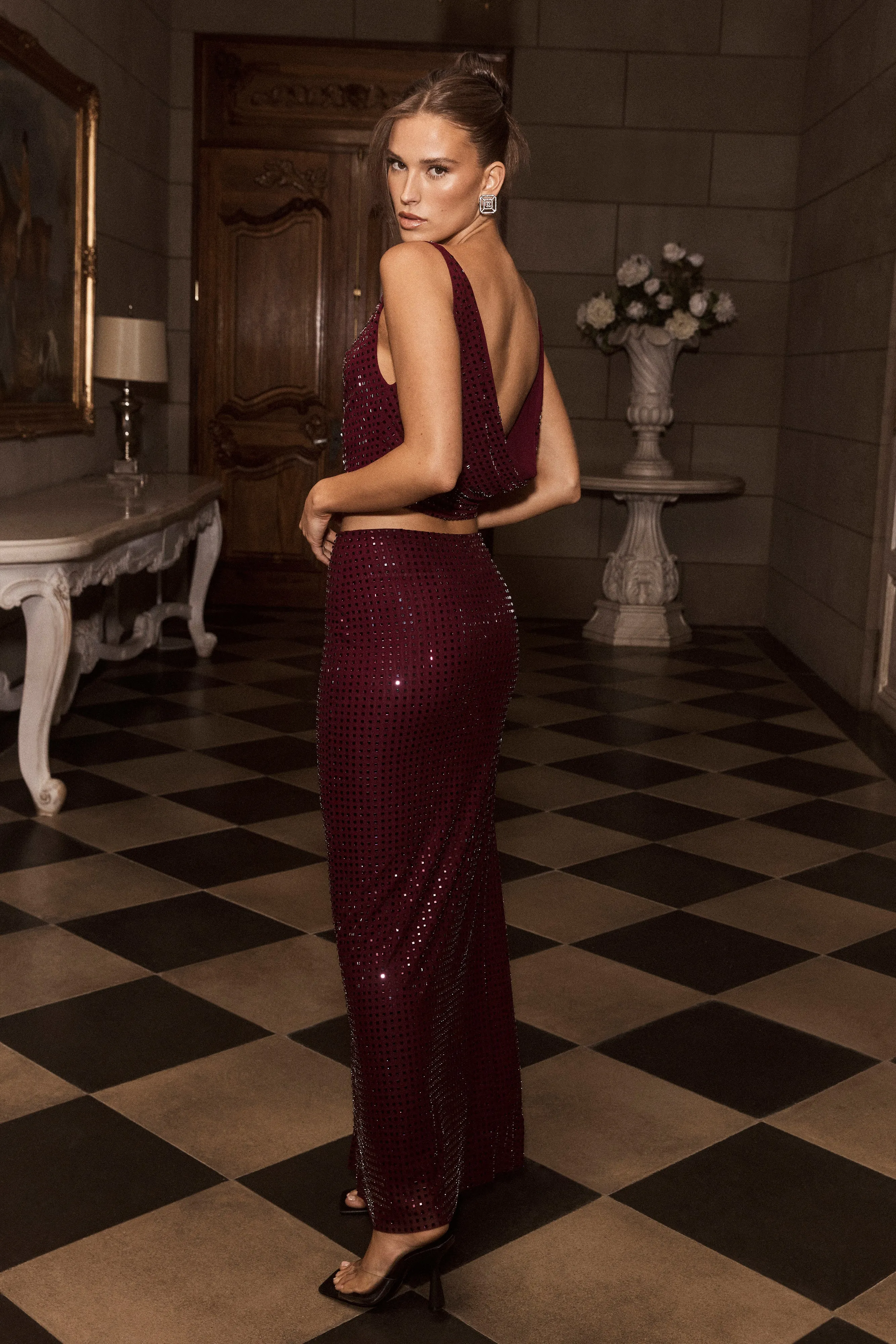 Ellery Square Diamante Maxi Skirt - Berry sold by Meshki product image thumbnail 2