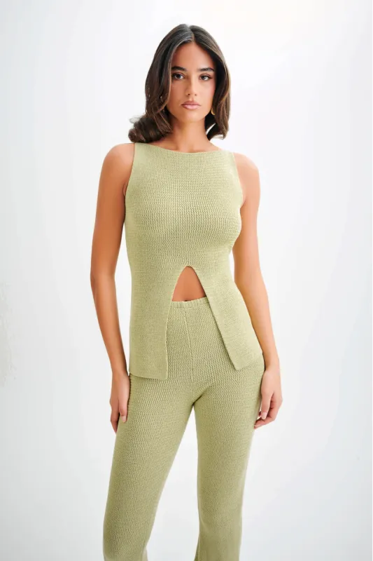 Ridley Knit Tank Top With Split - Pastel Green sold by Meshki