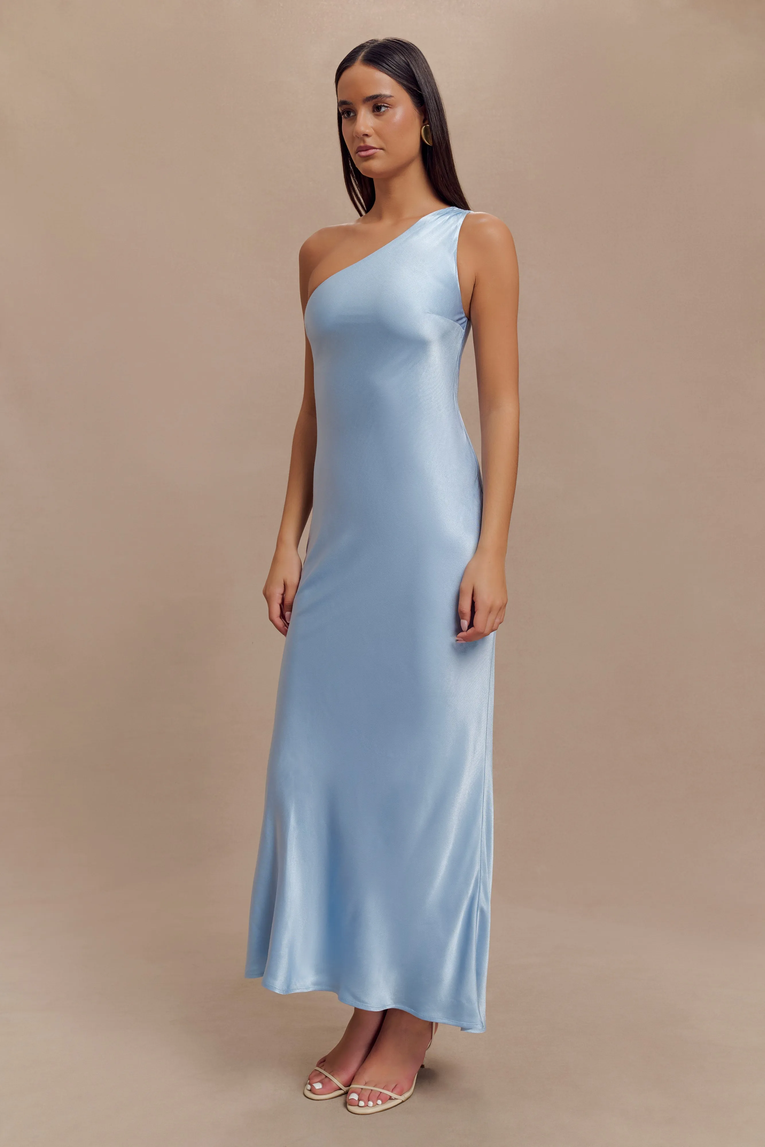 Camille One Shoulder Satin Maxi Dress - Cornflower Blue sold by Meshki product image thumbnail 3