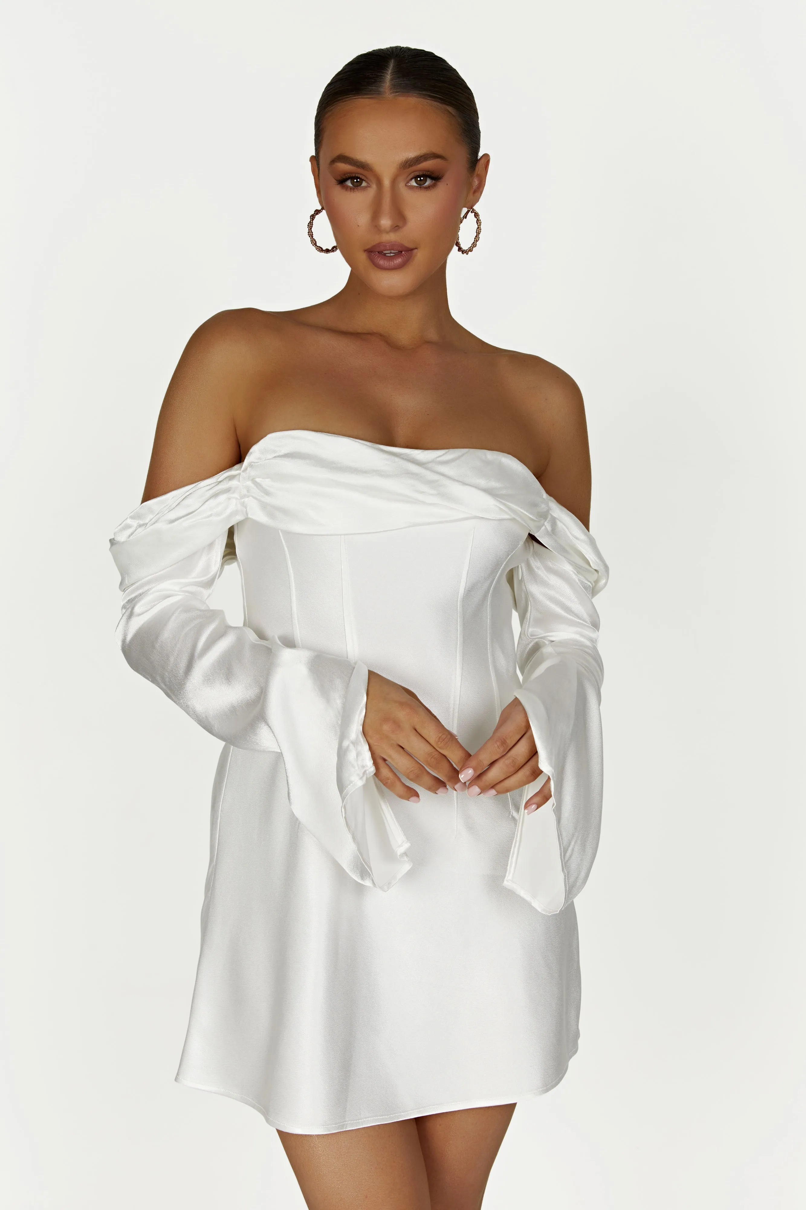Giselle Off Shoulder Satin Mini Dress - White sold by Meshki