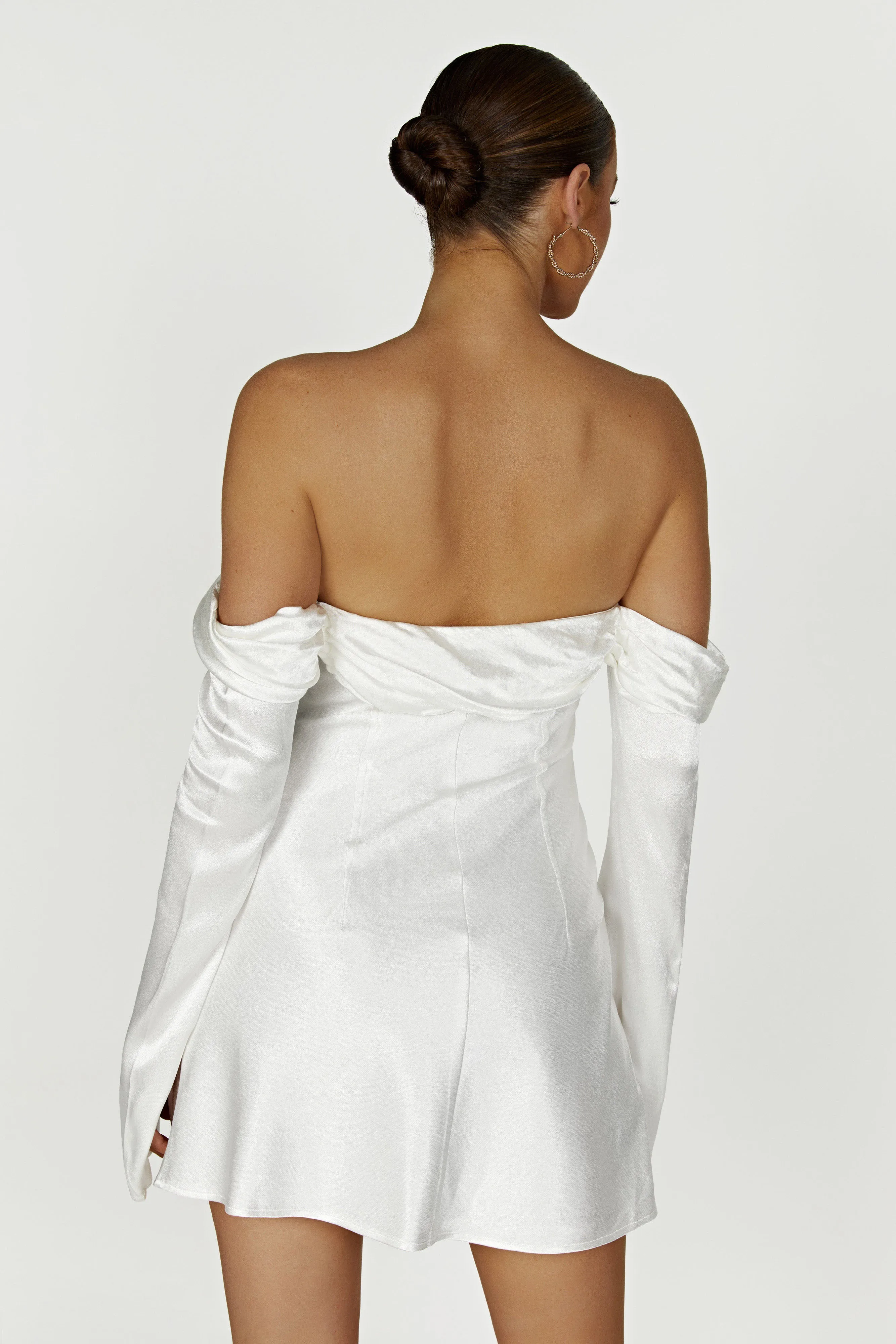 Giselle Off Shoulder Satin Mini Dress - White sold by Meshki product image thumbnail 3