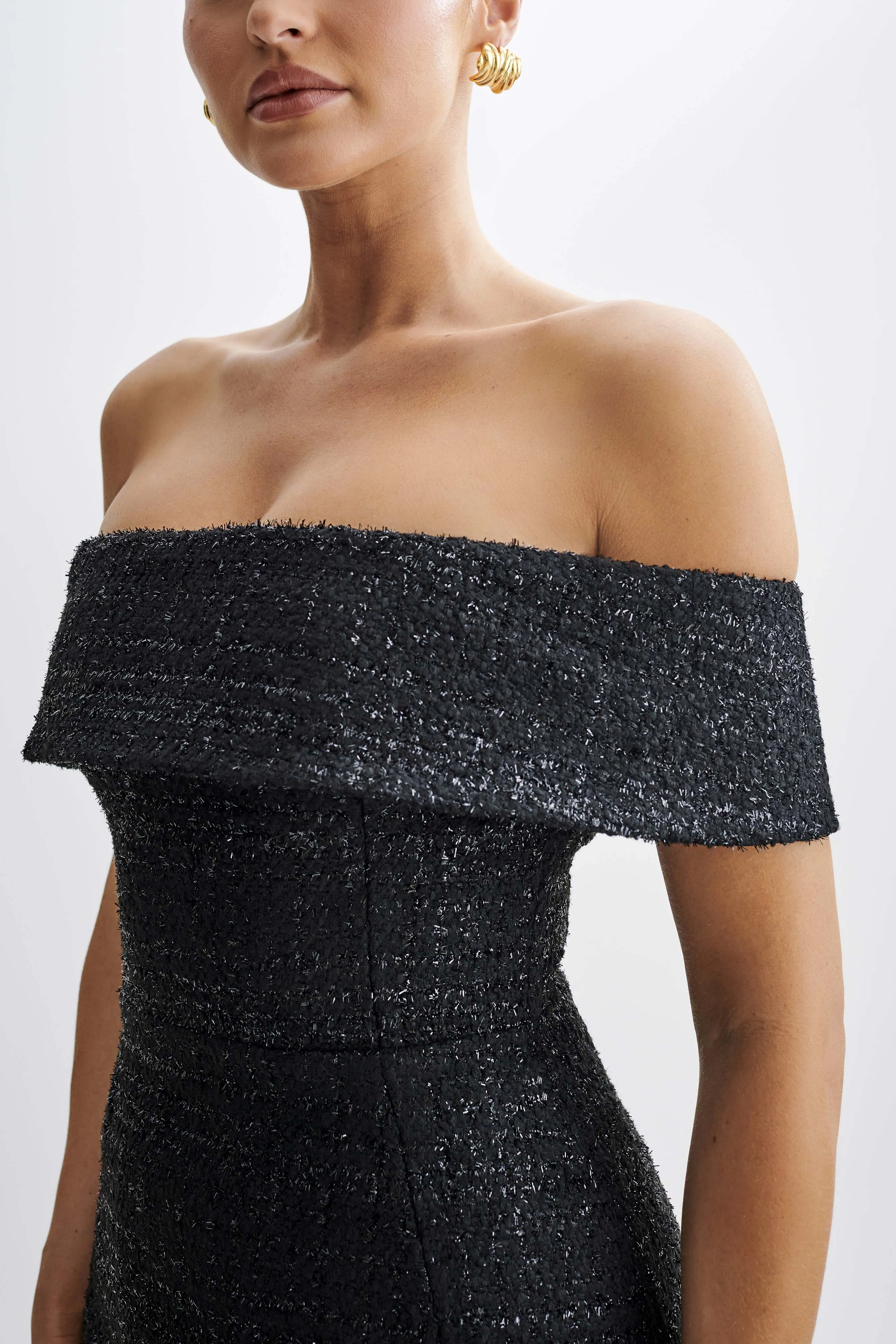 Helena Tweed Off Shoulder Mini Dress - Black sold by Meshki product image thumbnail 2