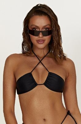 Willow Recycled Nylon Ruched Drawstring Bikini Top - Black sold by Meshki