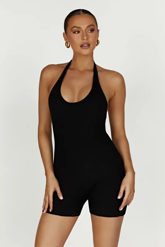 Aitana Halter Neck Knit Playsuit - Black sold by Meshki