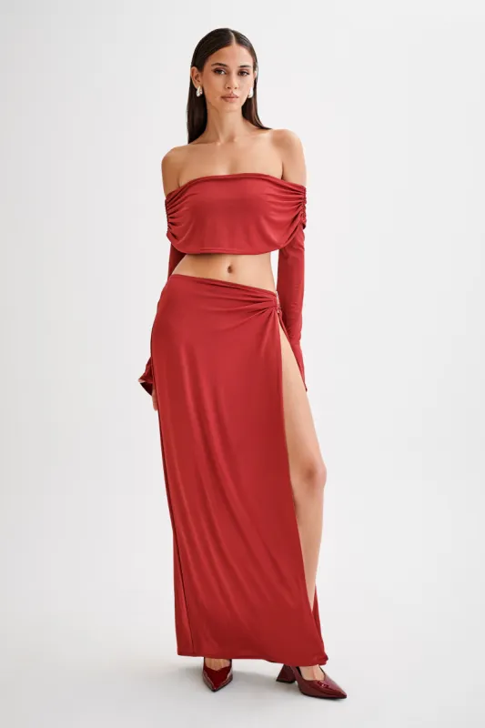 Suri Slinky Maxi Skirt With Silver Hardware - Cherry Red sold by Meshki