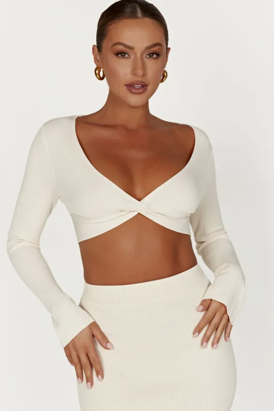 Kaesha Long Sleeve Twist Front Knit Top - Bone sold by Meshki