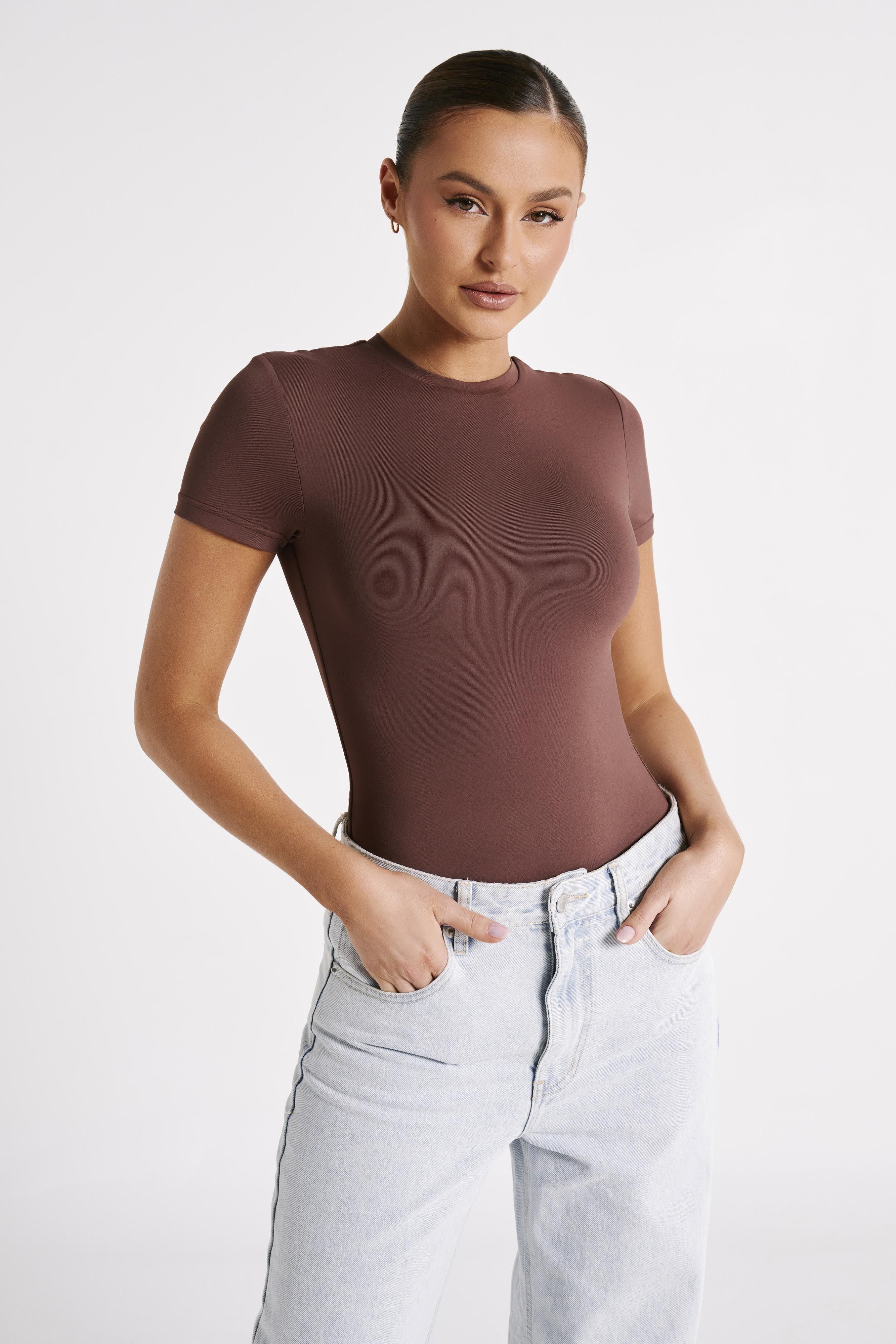 Francesca Recycled Nylon Crew Neck Short Sleeve Bodysuit - Mocha sold by Meshki product image thumbnail 3