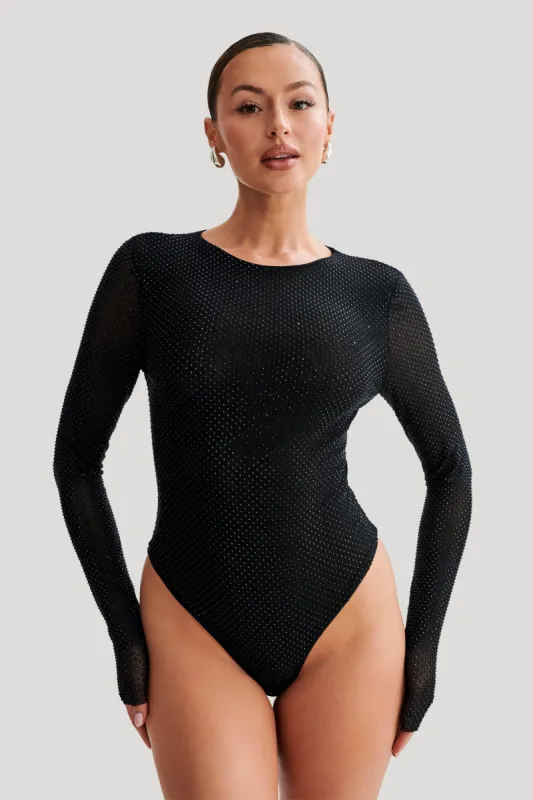 Selma Long Sleeve Diamante Bodysuit - Black/Black sold by Meshki
