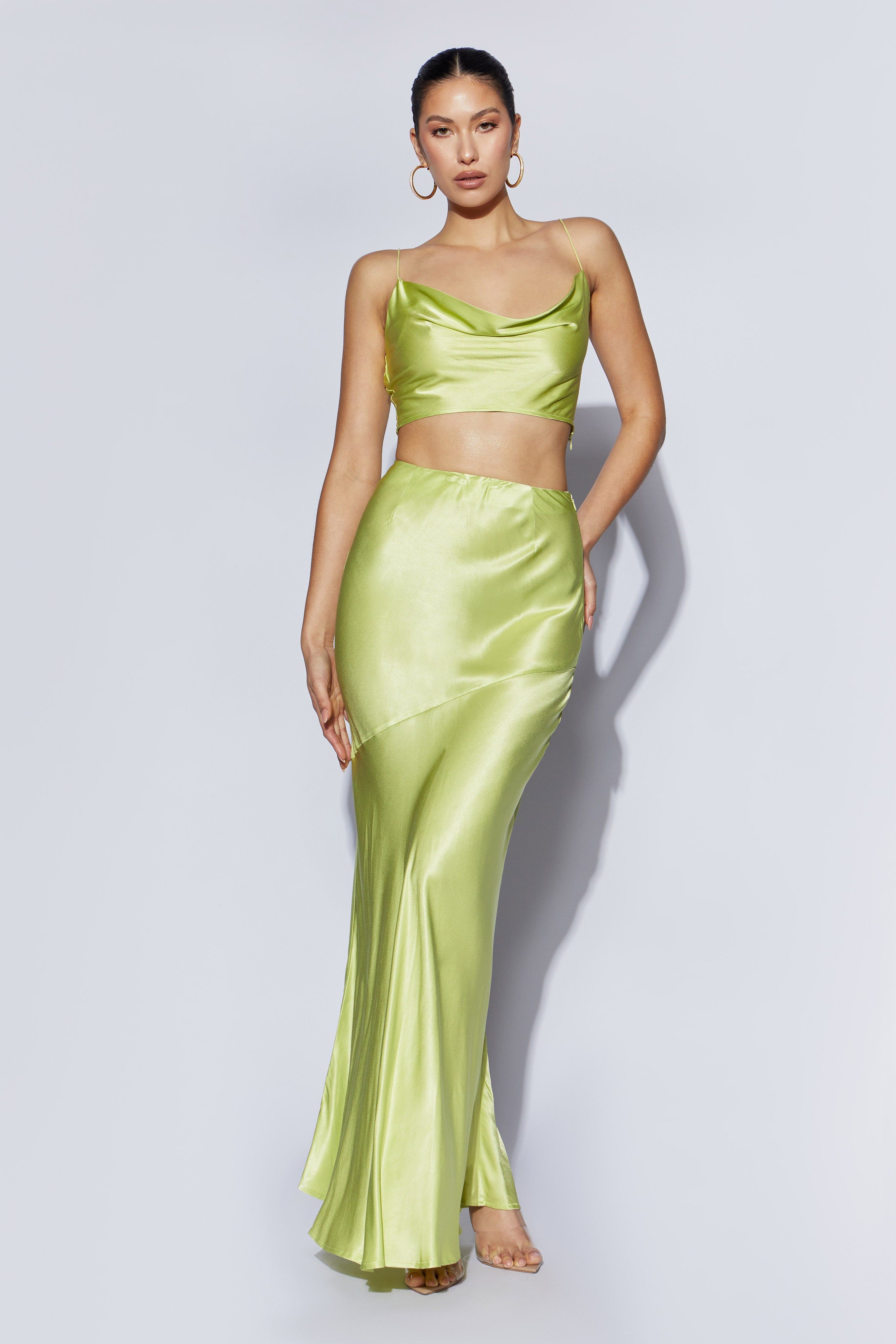 Poppy Satin Maxi Skirt - Pistachio Green sold by Meshki