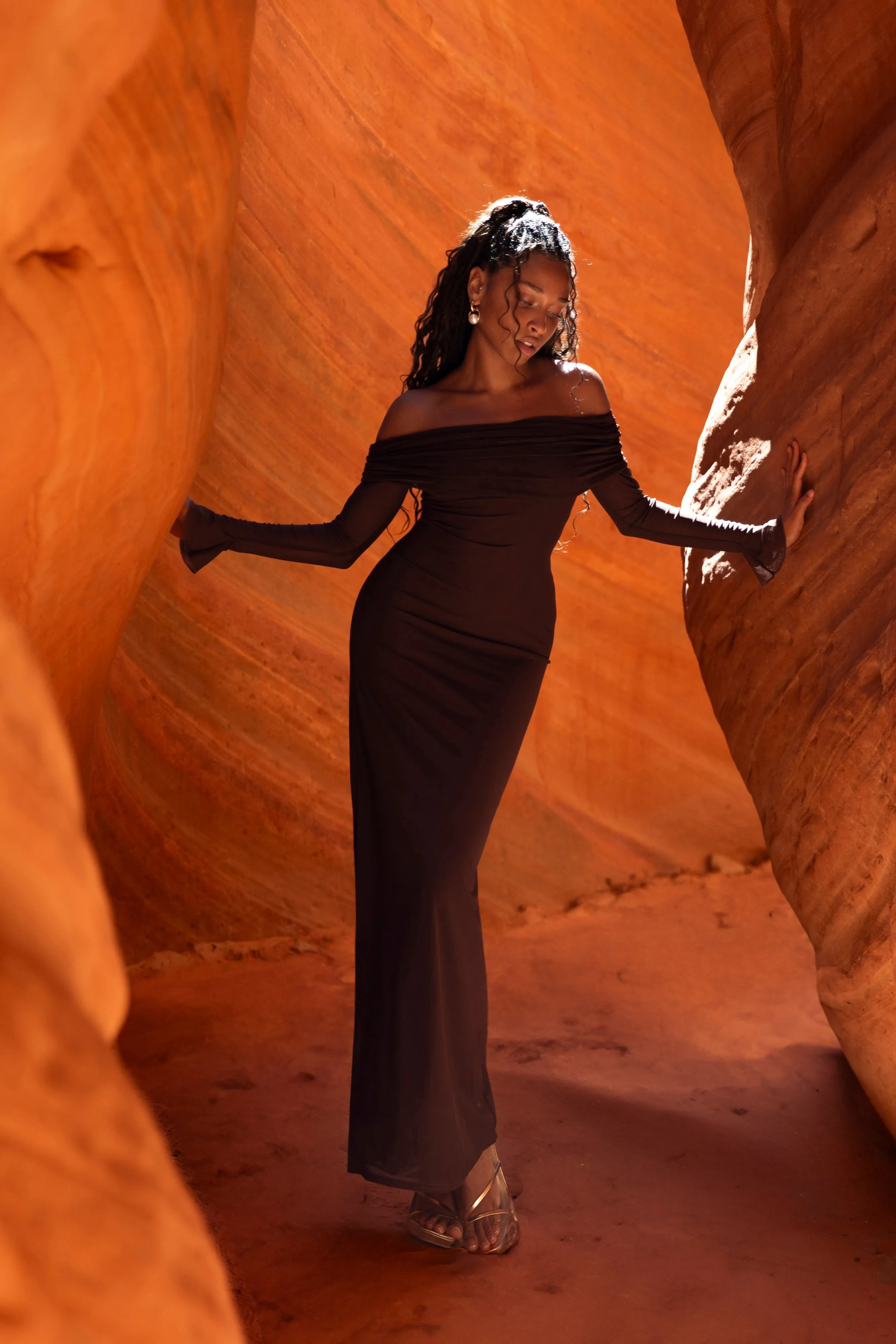 MARRON EDITION★韓国 Summer 超新作★Black Off Shoulder Dress Josie Off Shoulder Mesh Maxi Dress - Dark Brown | Parallel
