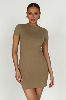 Halston Short Sleeve Mini Dress - Olive sold by Meshki