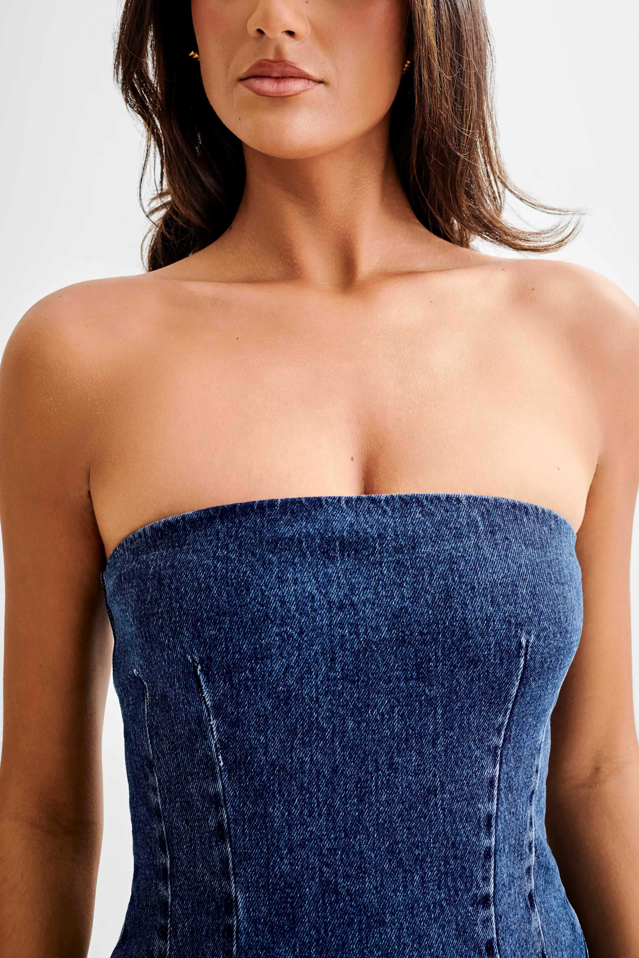 Cecily Strapless Denim Mini Dress - Dark Blue sold by Meshki product image thumbnail 3