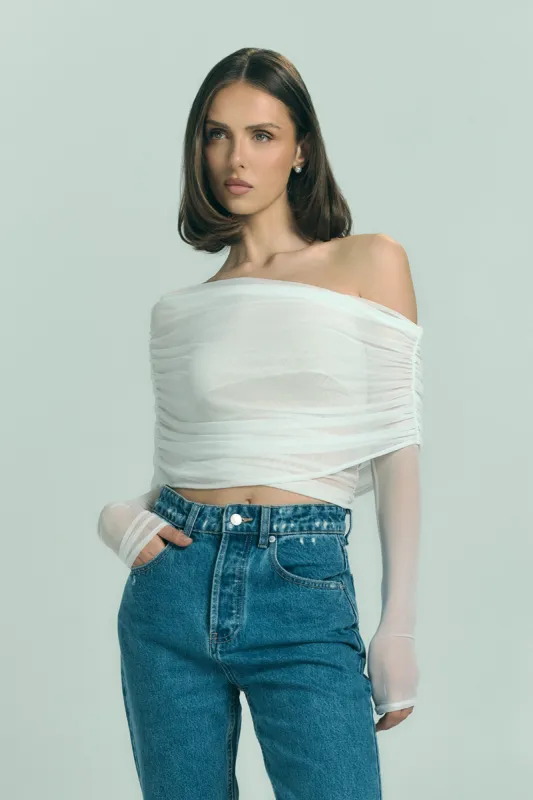 Everly Sheer Off Shoulder Mesh Top - Ivory sold by Meshki