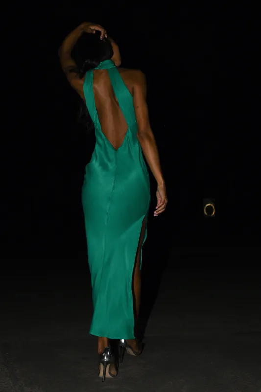 Claire Satin Drape Back Maxi Dress with Split - Green sold by Meshki