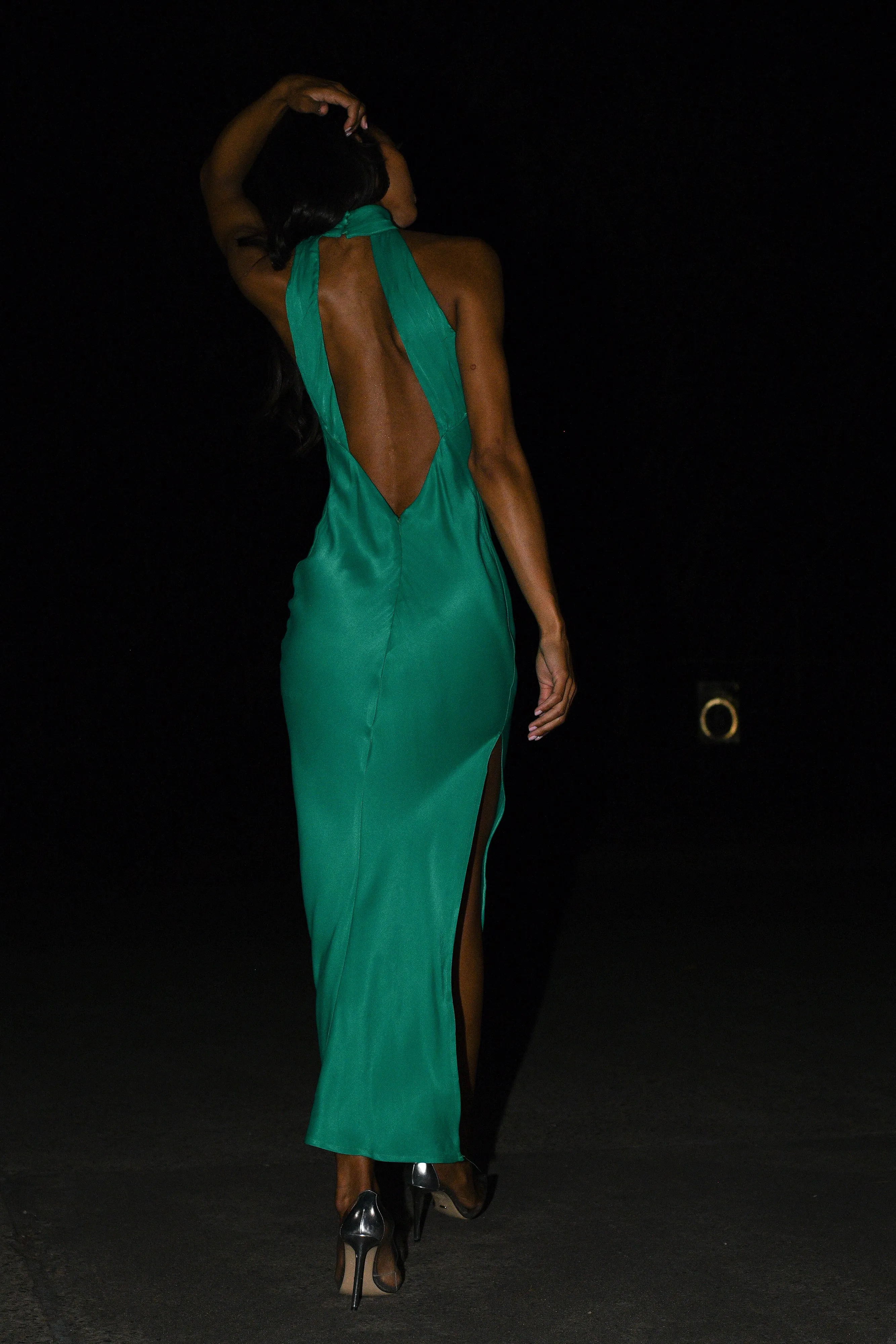 Claire Satin Drape Back Maxi Dress with Split - Green sold by Meshki