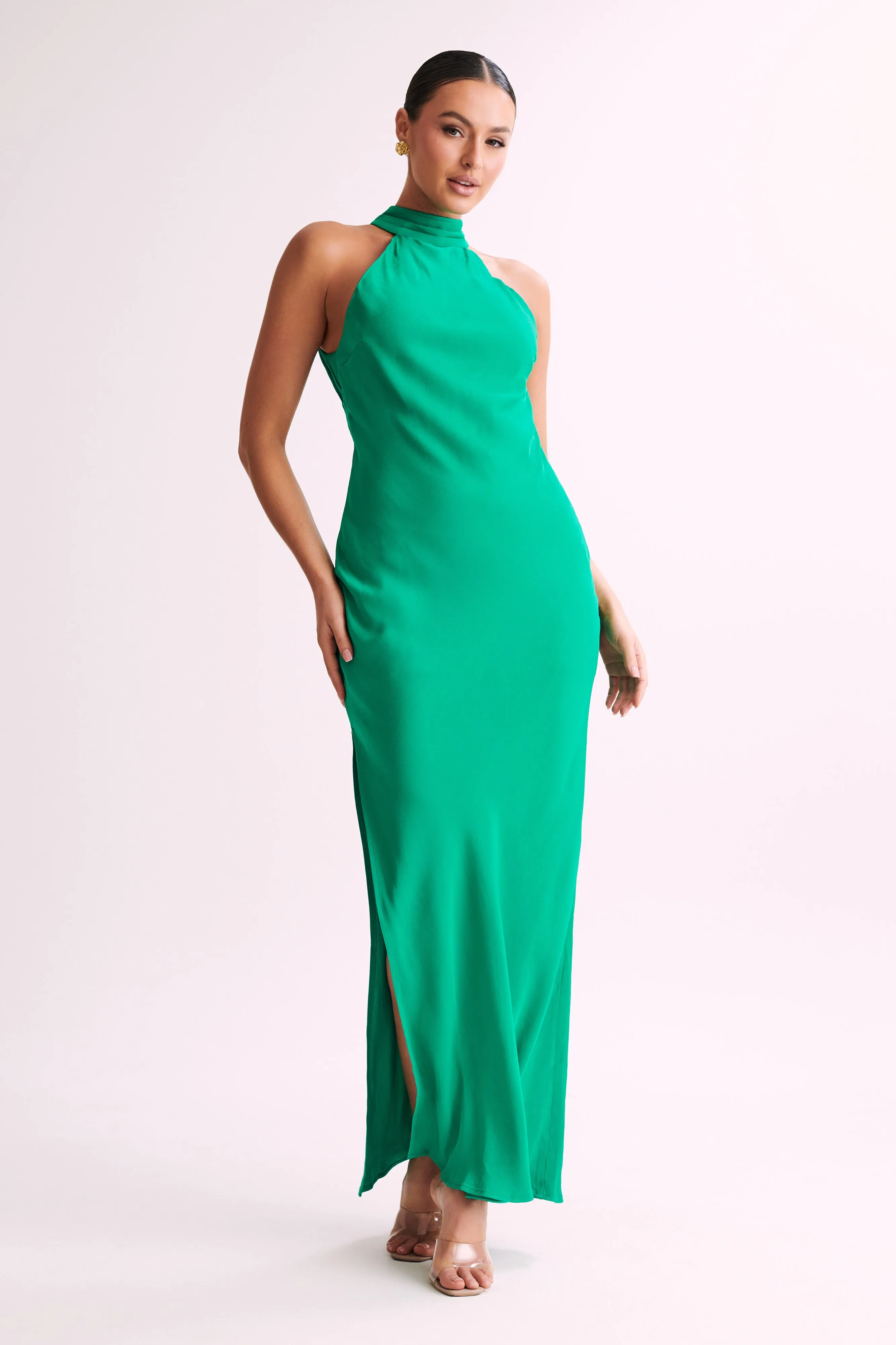 Claire Satin Drape Back Maxi Dress with Split - Green sold by Meshki product image thumbnail 5