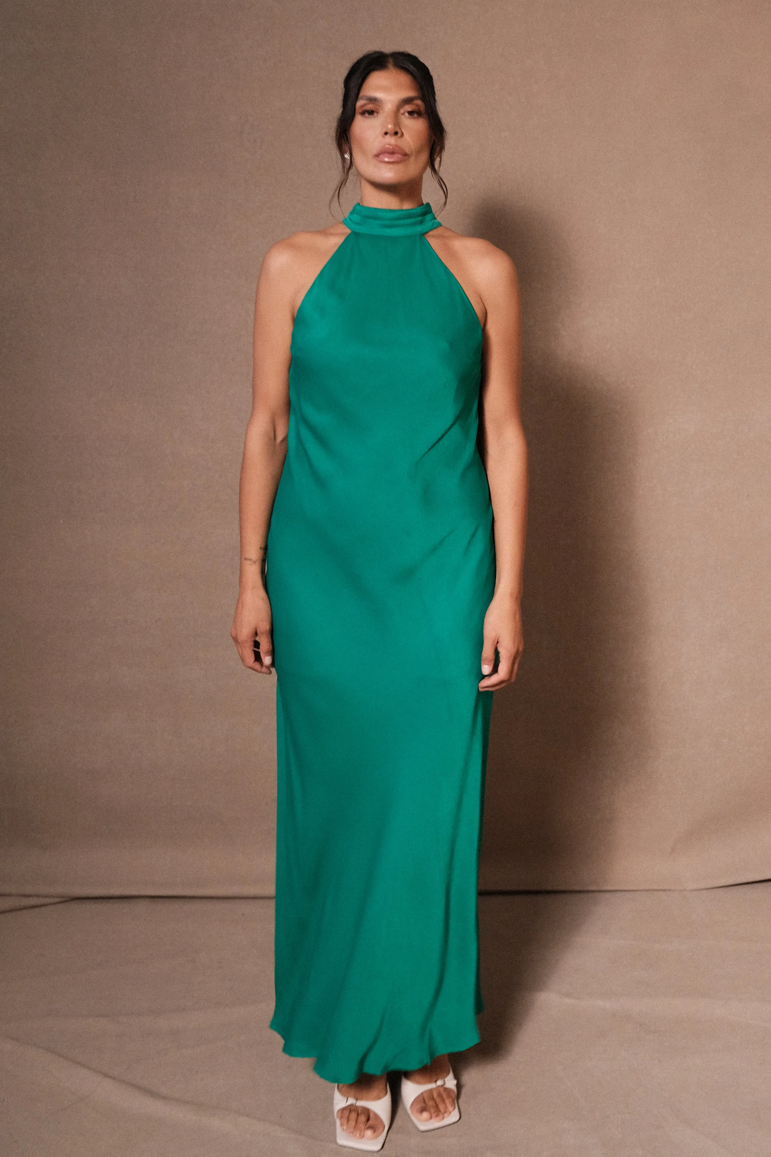 Claire Satin Drape Back Maxi Dress with Split - Green sold by Meshki product image thumbnail 2