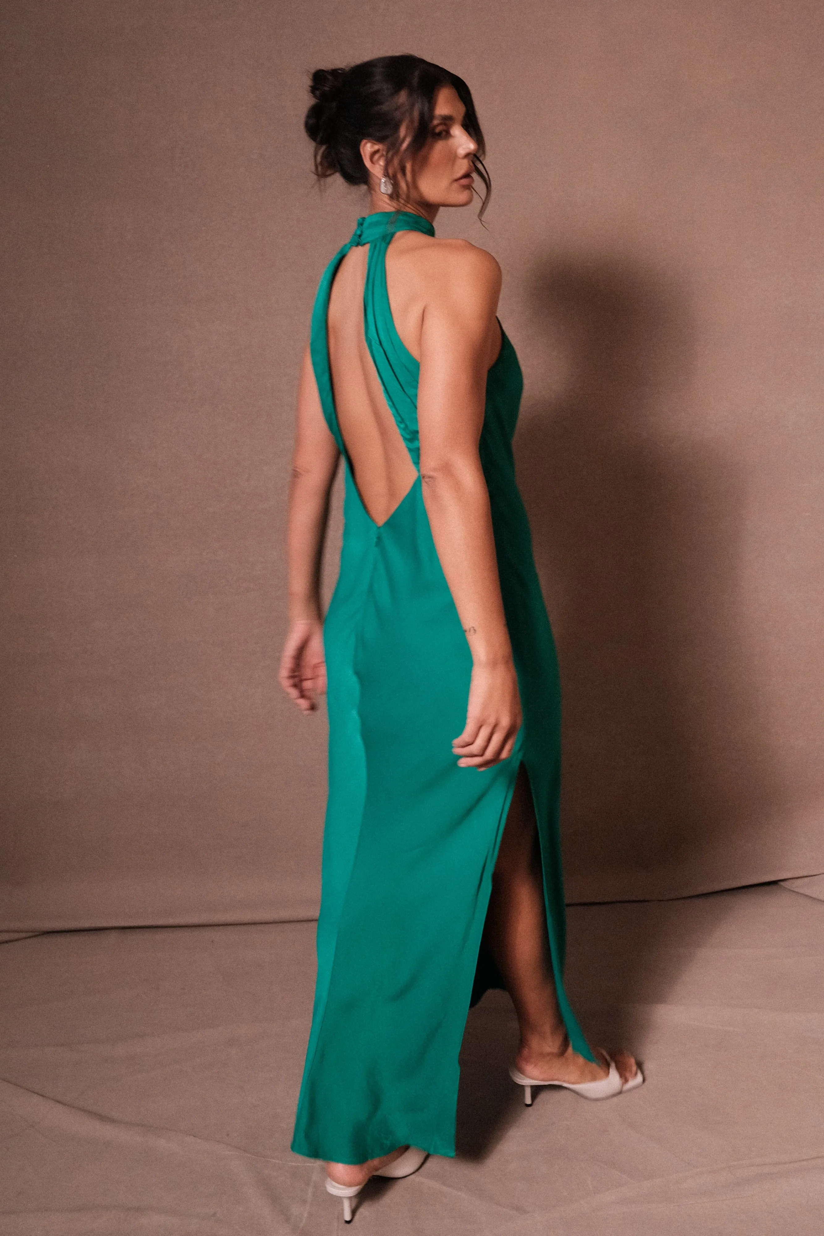 Claire Satin Drape Back Maxi Dress with Split - Green sold by Meshki product image thumbnail 3