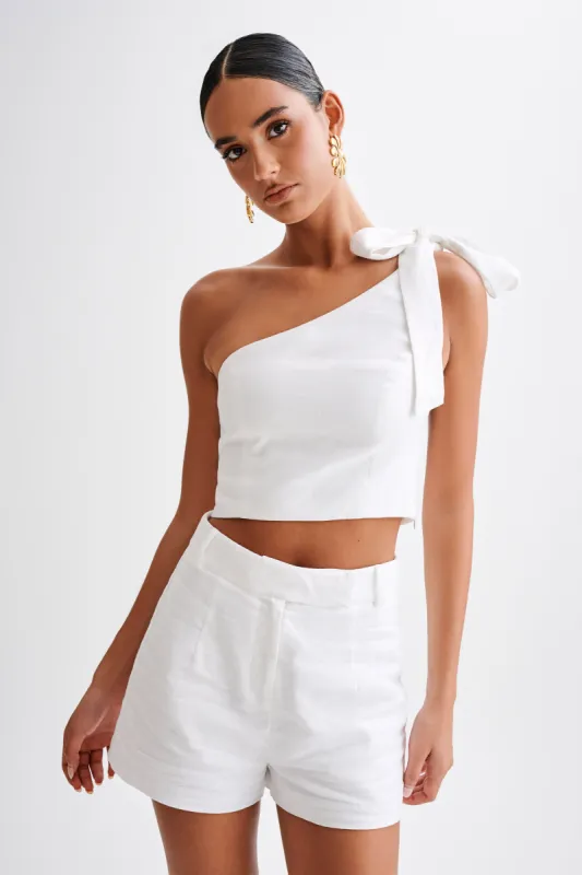 Venezia Linen One Shoulder Tie Top - White sold by Meshki