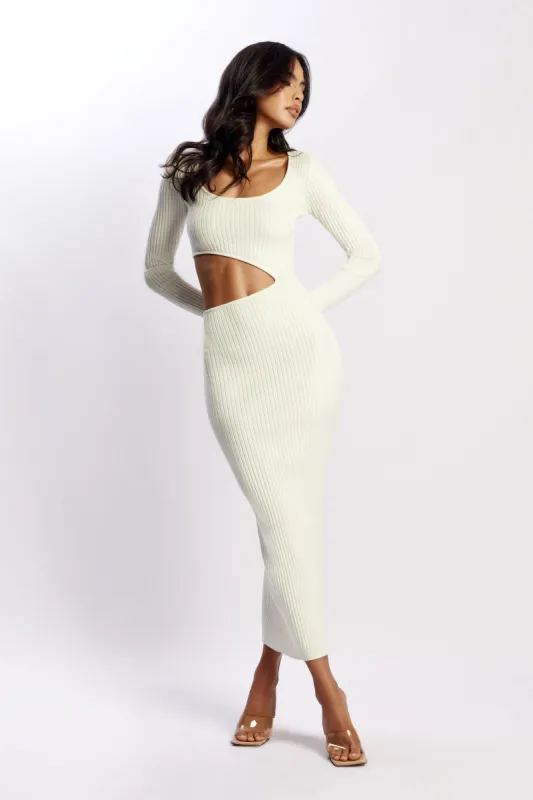 Gaia Cut Out Asymmetric Knitted Midi Dress - White sold by Meshki