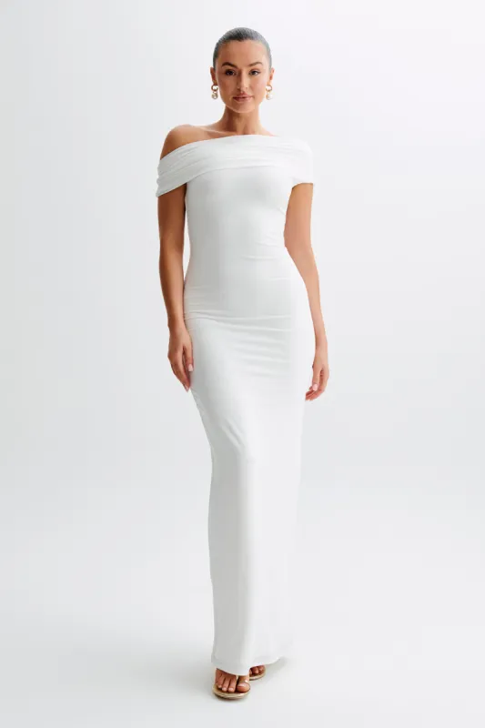 Cassandra Off Shoulder Slinky Maxi Dress - White sold by Meshki