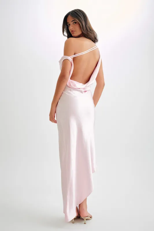 Yvette Slip Maxi Dress With Asymmetrical Hem - Pale Pink sold by Meshki