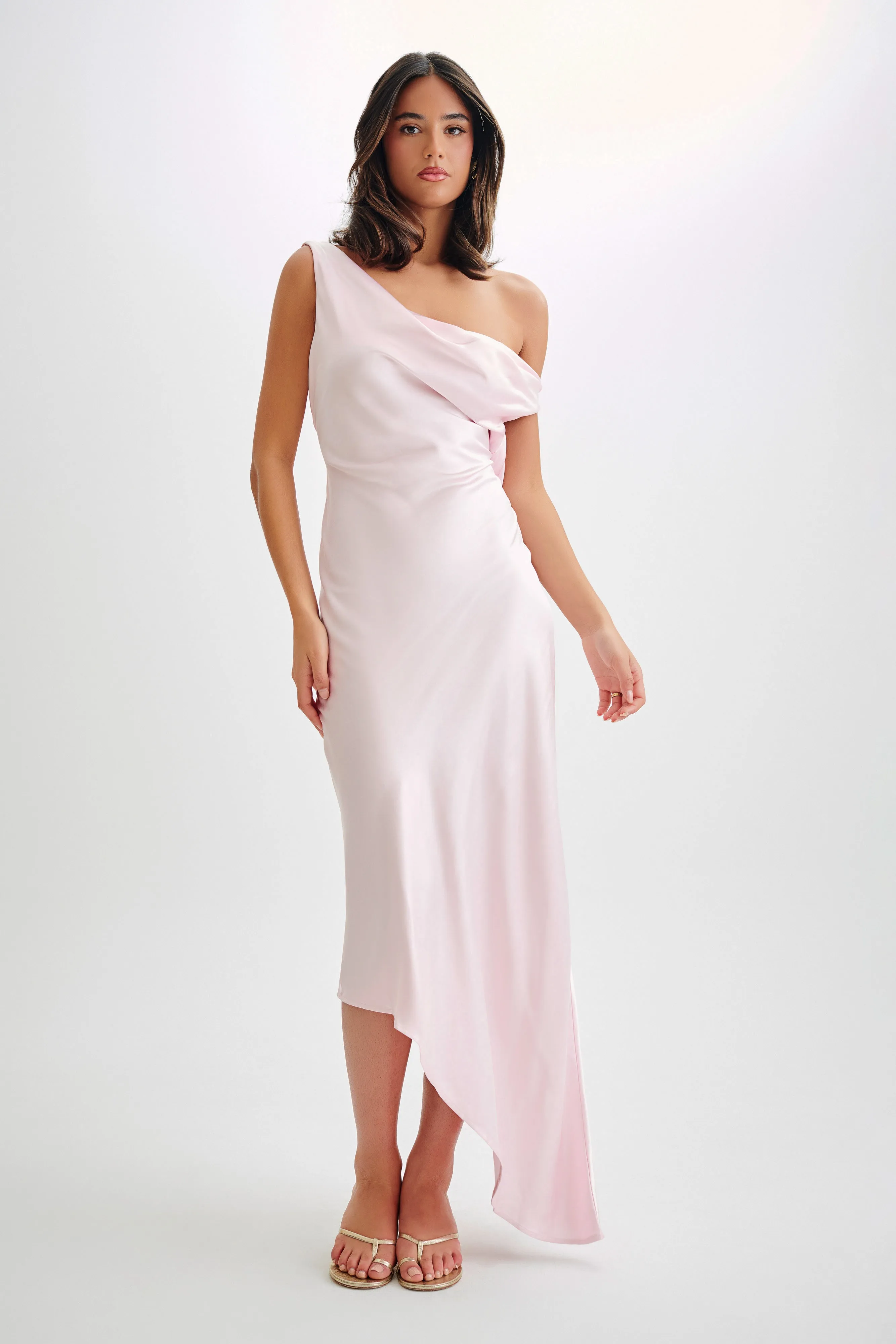 Yvette Slip Maxi Dress With Asymmetrical Hem - Pale Pink sold by Meshki product image thumbnail 2