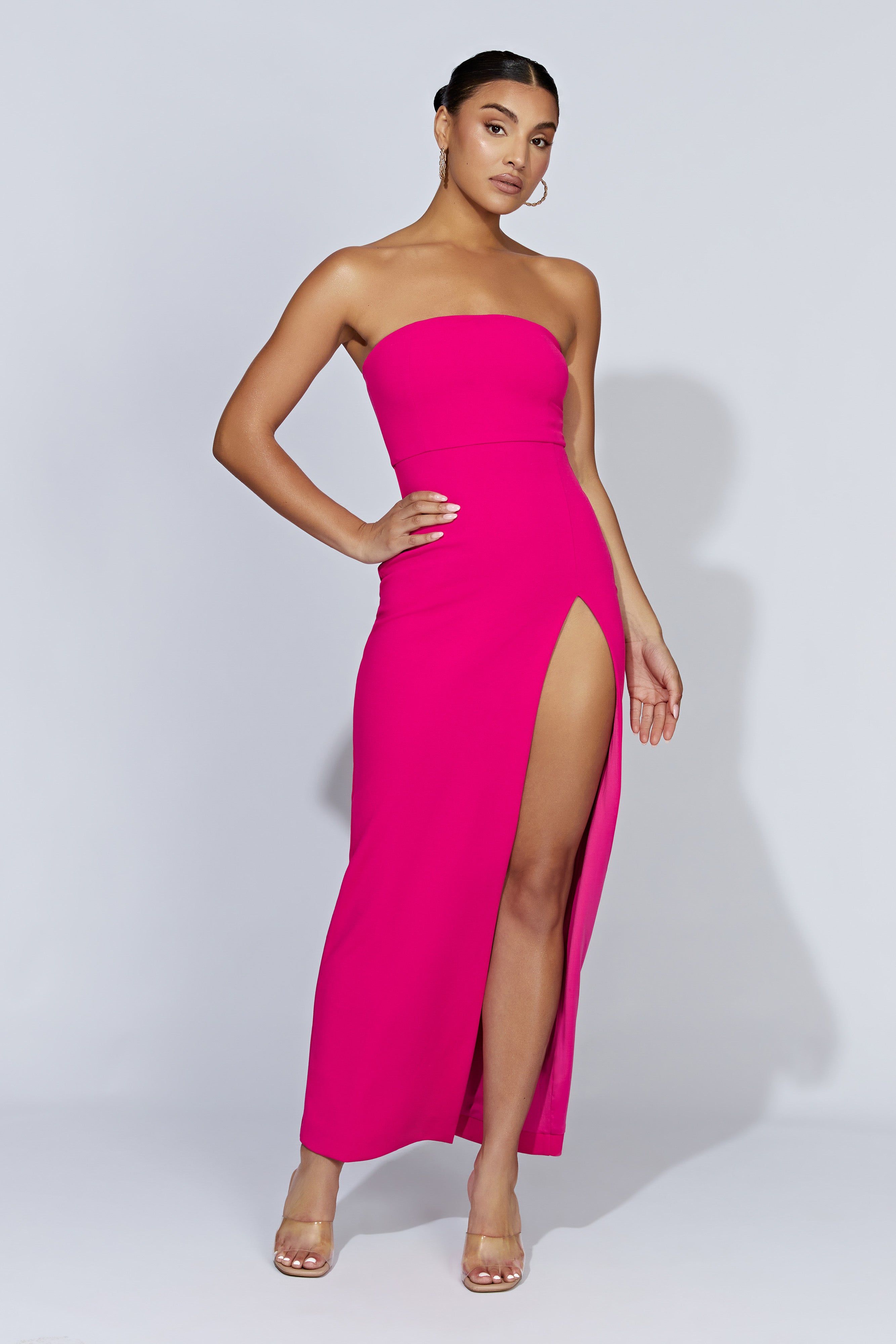Rachel Maxi Split Front Dress - Fuchsia sold by Meshki