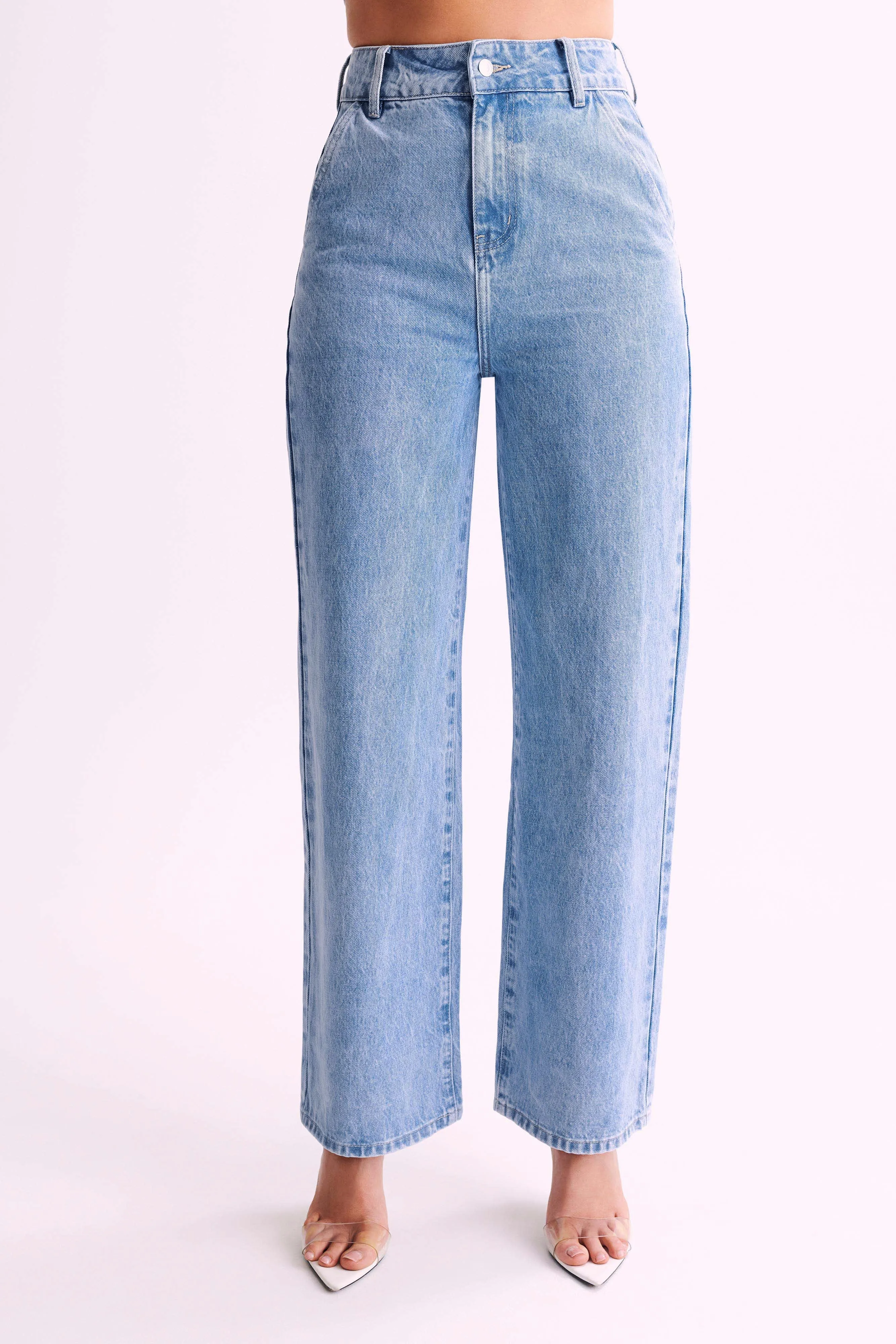 Roxy Wide Leg High Waist Denim Jeans - Mid Blue sold by Meshki