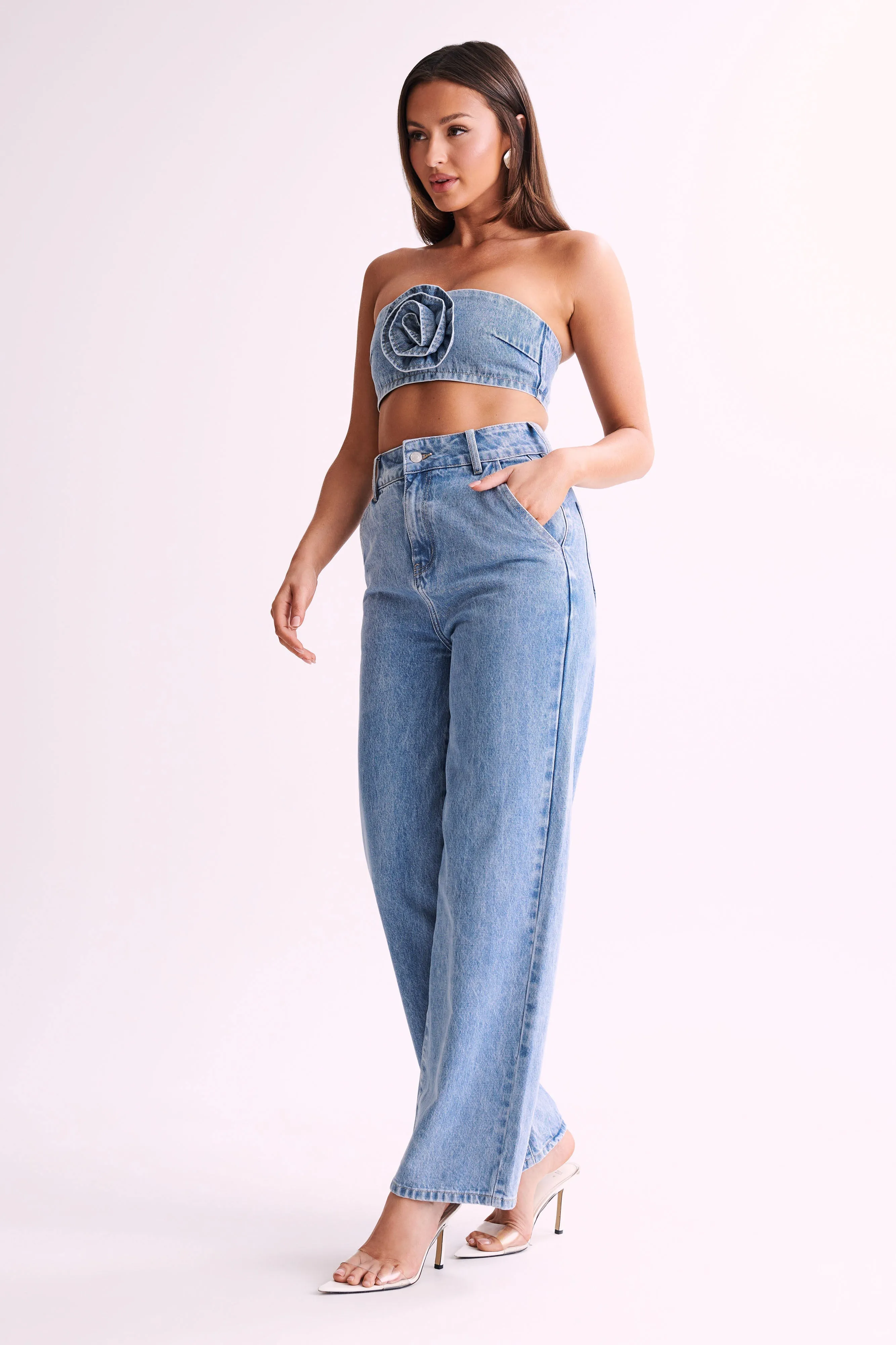 Roxy Wide Leg High Waist Denim Jeans - Mid Blue sold by Meshki product image thumbnail 5